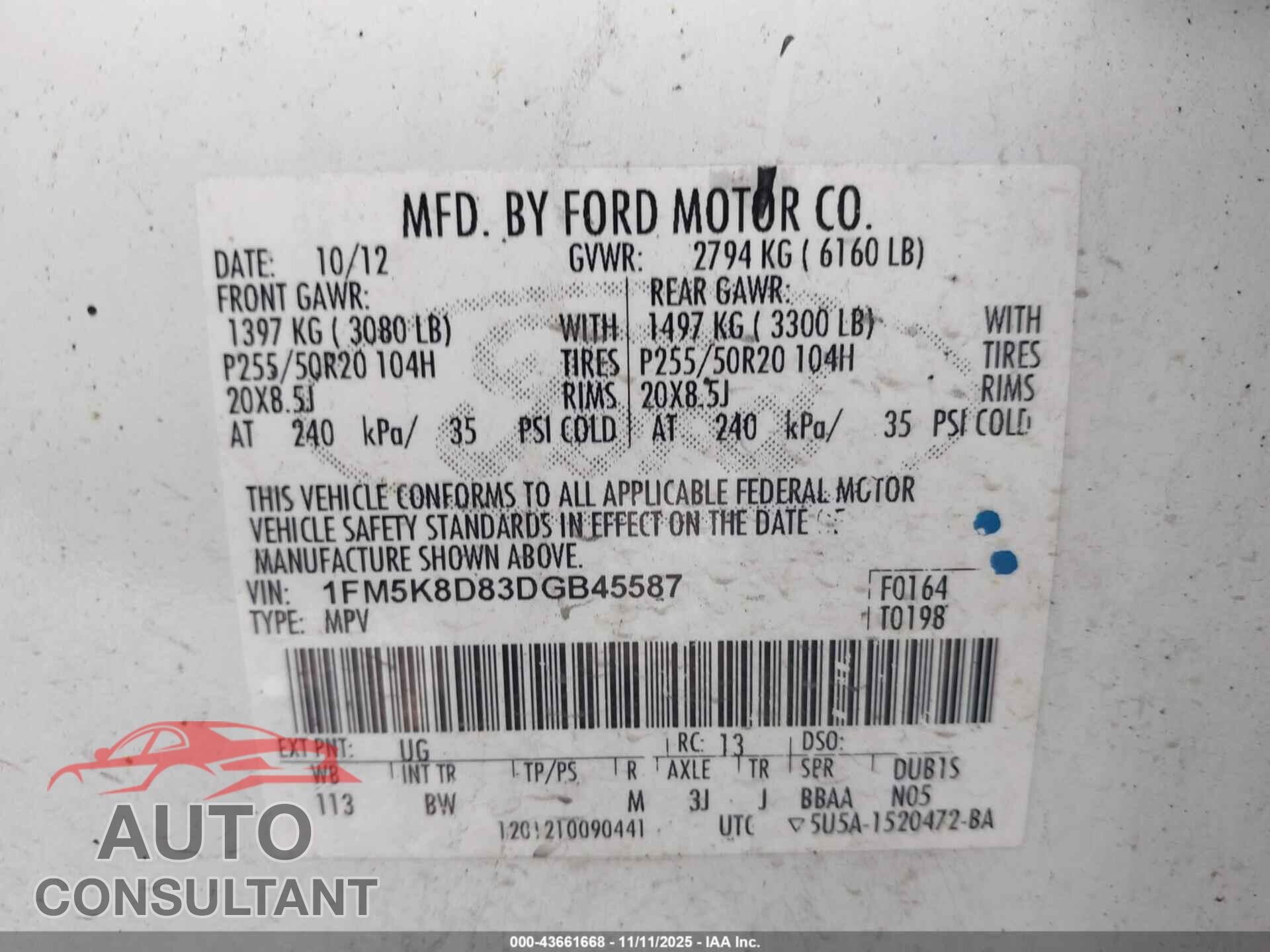 FORD EXPLORER 2013 - 1FM5K8D83DGB45587