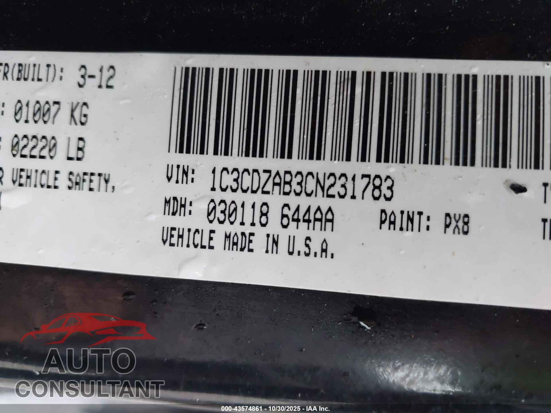 DODGE AVENGER 2012 - 1C3CDZAB3CN231783