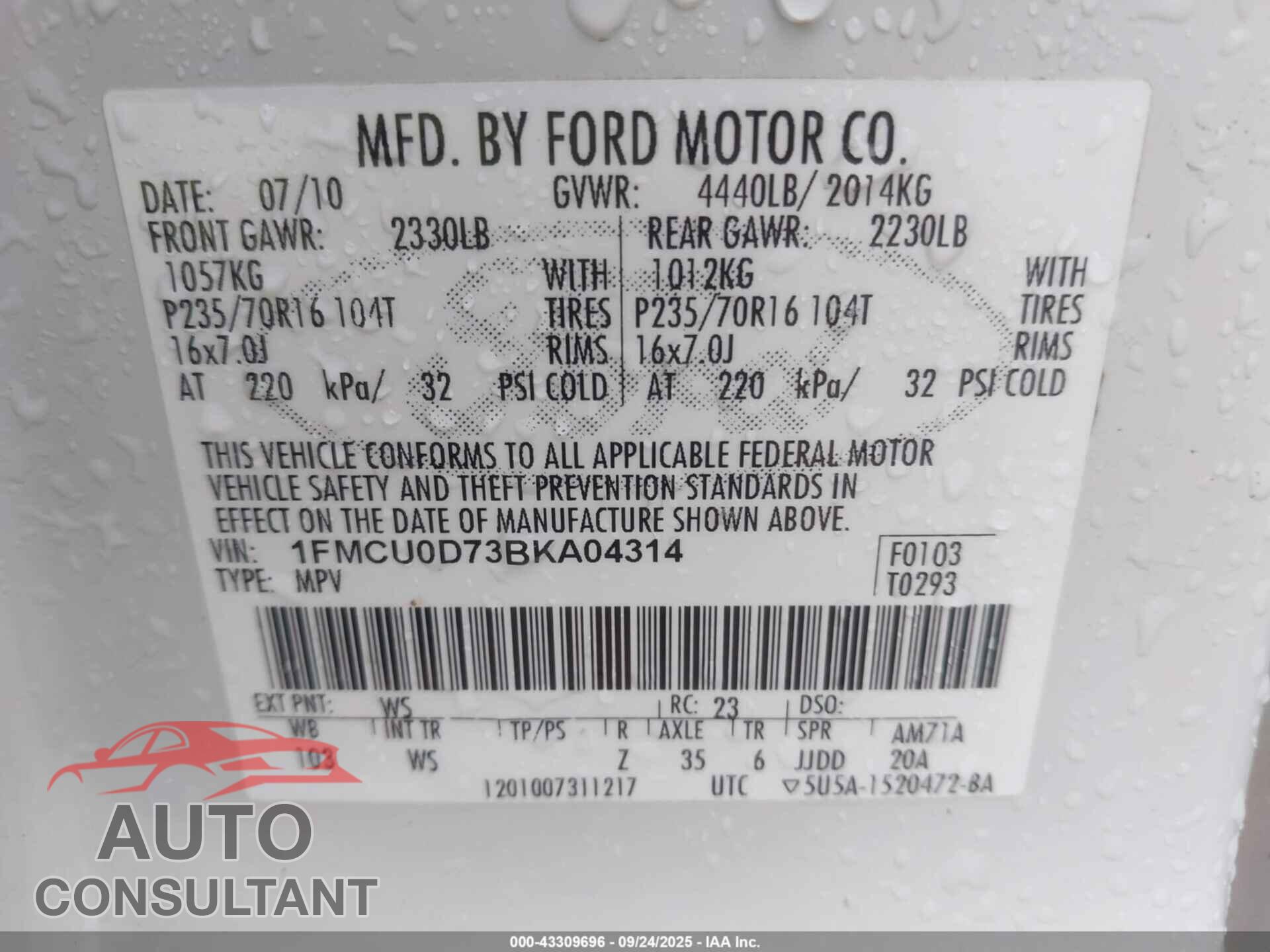 FORD ESCAPE 2011 - 1FMCU0D73BKA04314