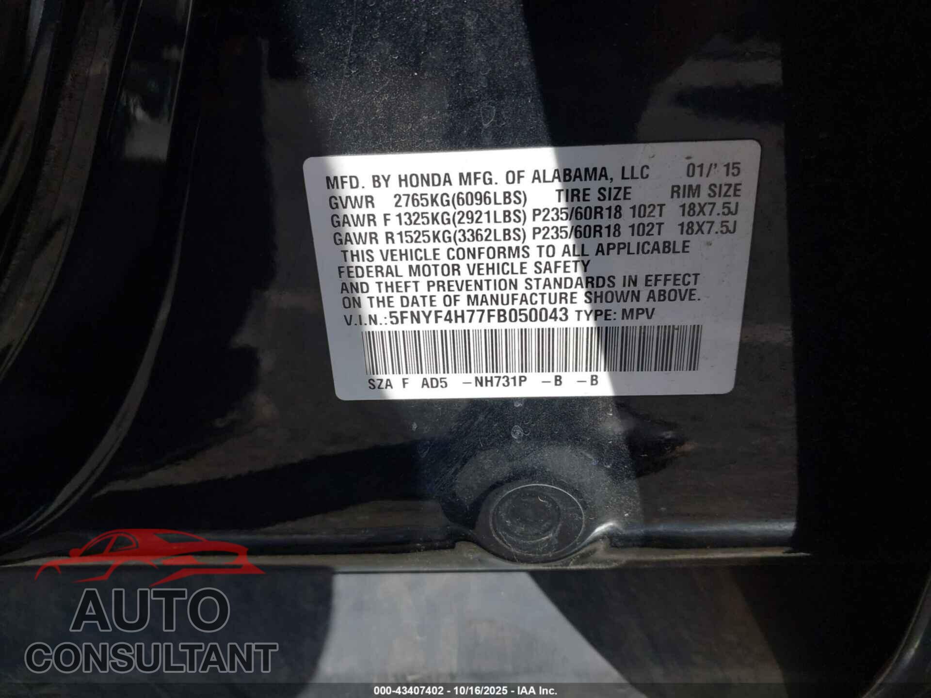 HONDA PILOT 2015 - 5FNYF4H77FB050043