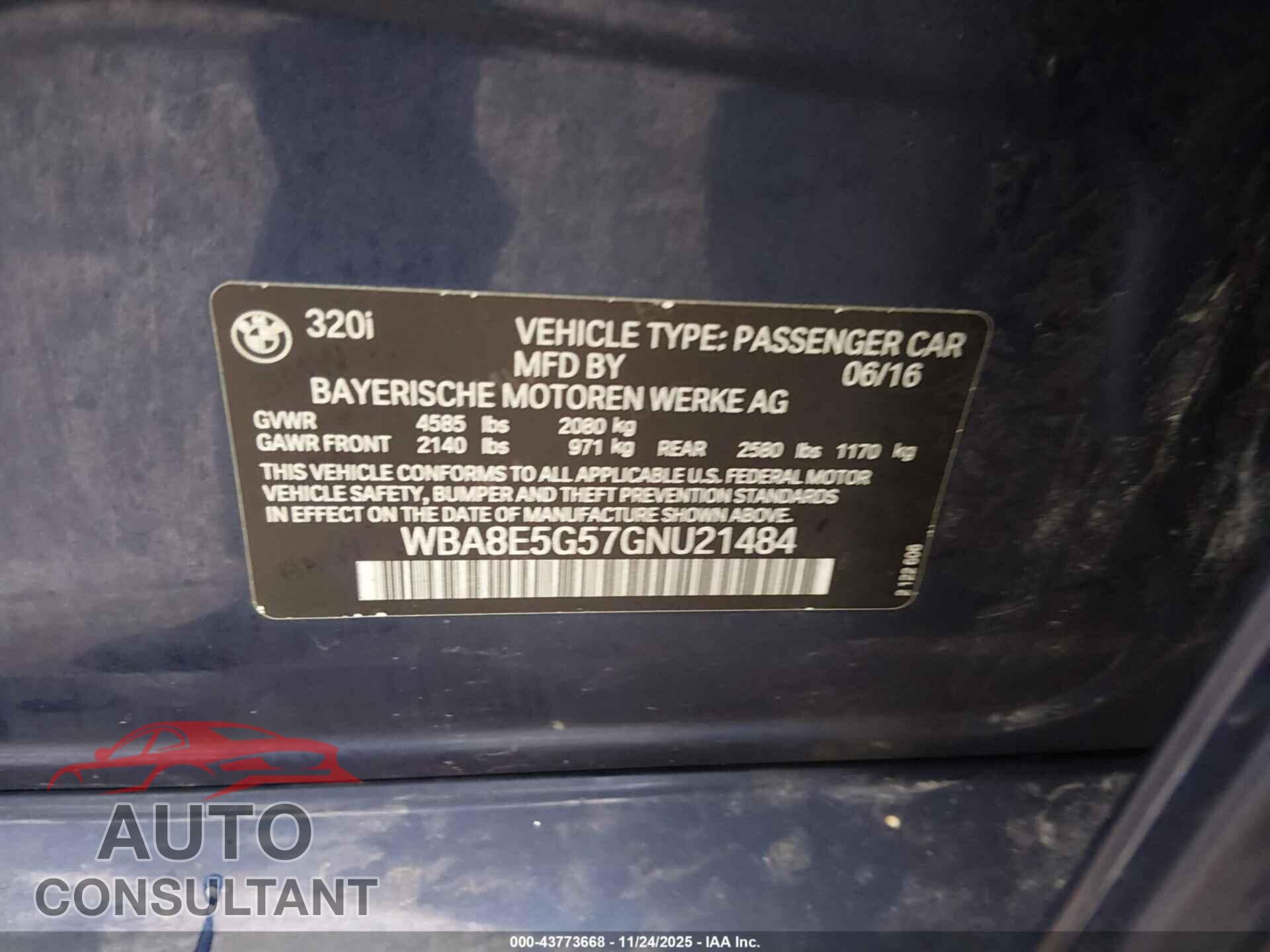 BMW 320I 2016 - WBA8E5G57GNU21484