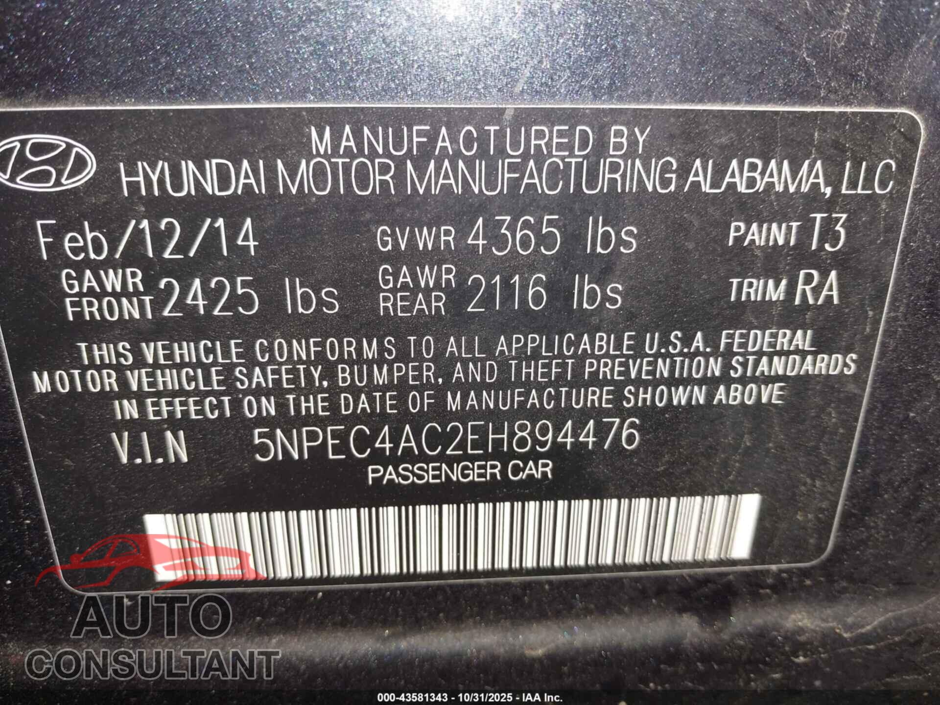 HYUNDAI SONATA 2014 - 5NPEC4AC2EH894476