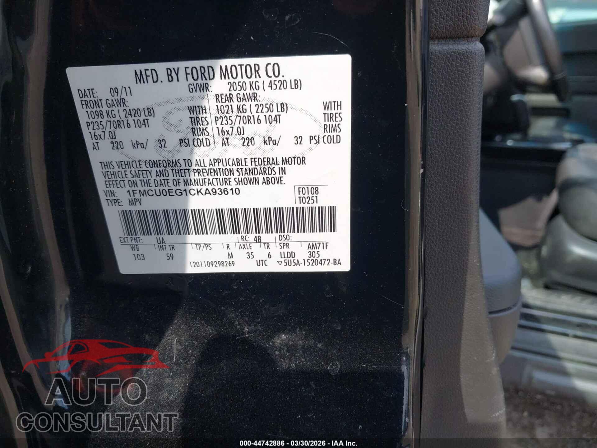 FORD ESCAPE 2012 - 1FMCU0EG1CKA93610