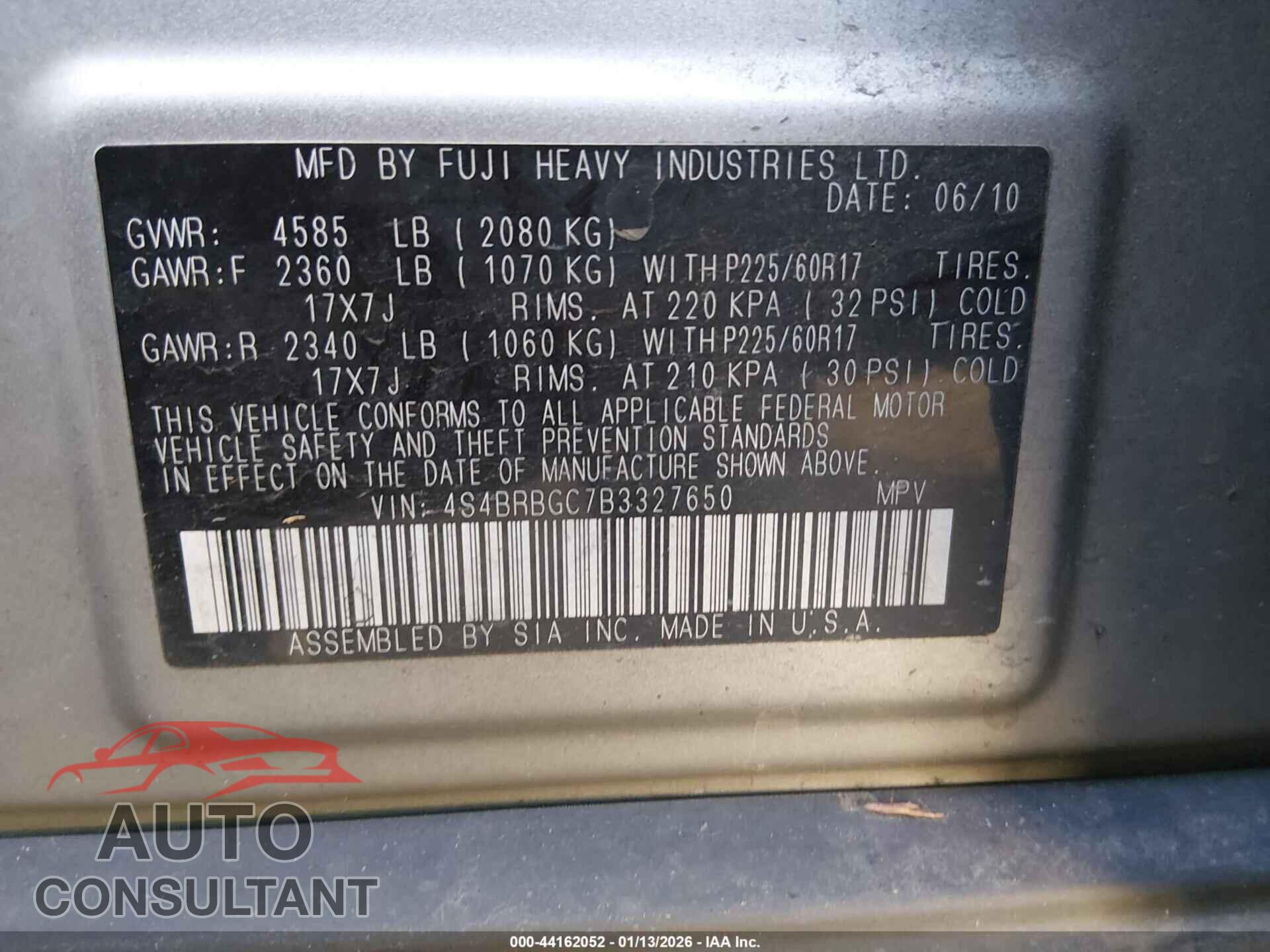 SUBARU OUTBACK 2011 - 4S4BRBGC7B3327650