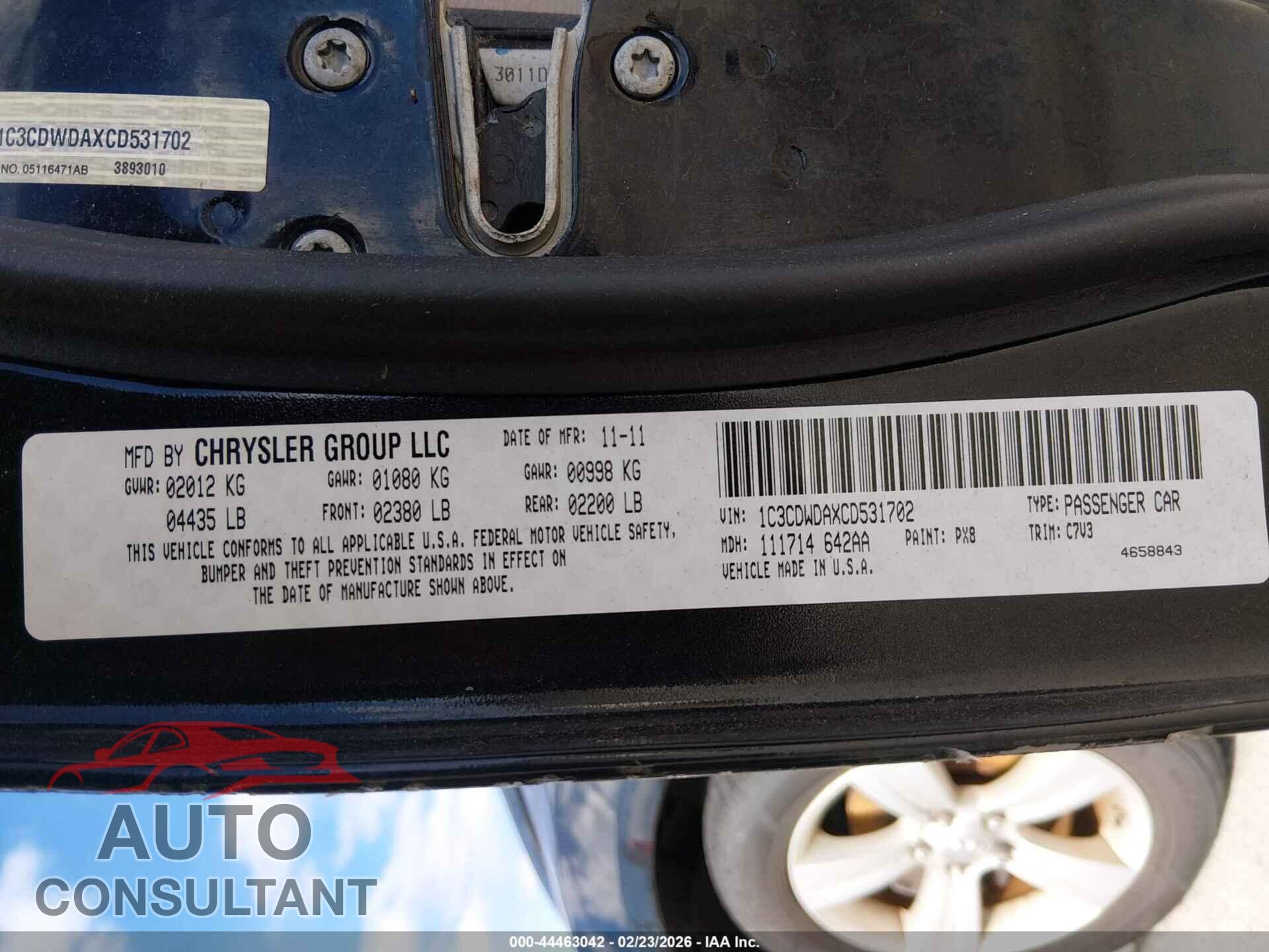 DODGE CALIBER 2012 - 1C3CDWDAXCD531702