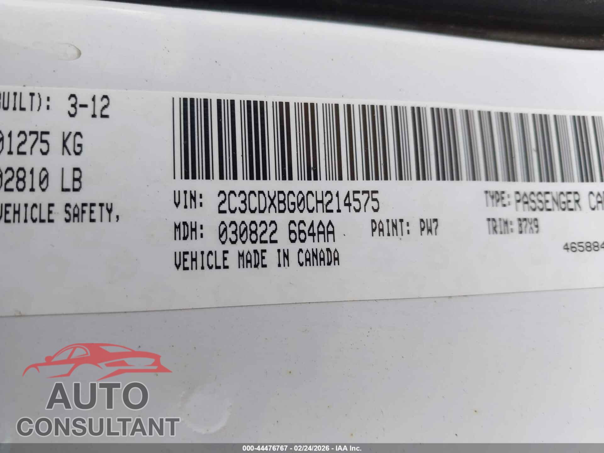 DODGE CHARGER 2012 - 2C3CDXBG0CH214575
