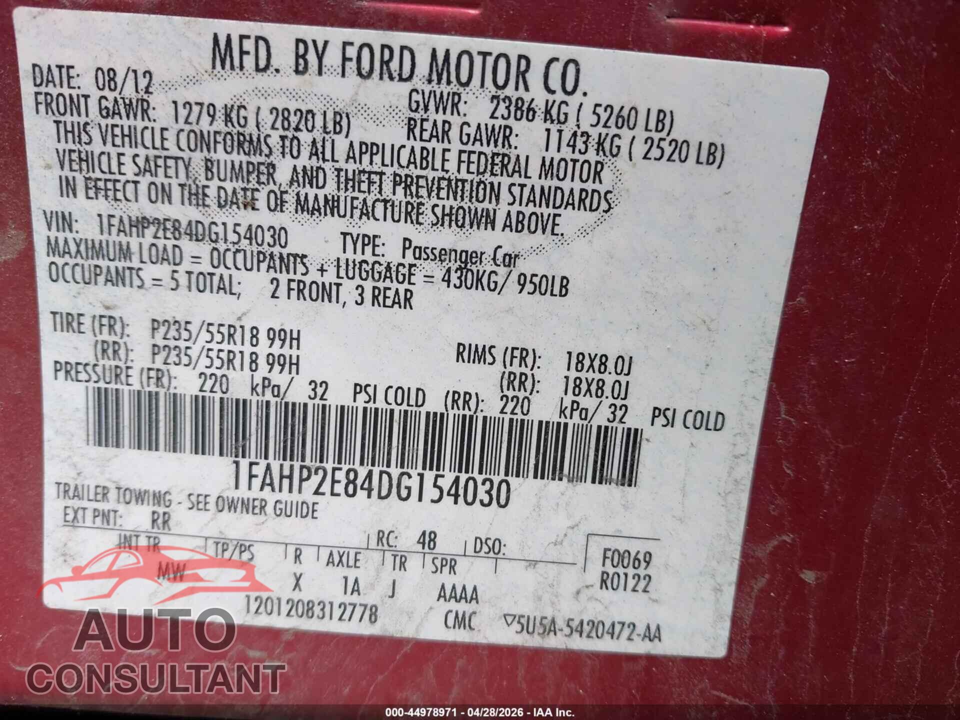 FORD TAURUS 2013 - 1FAHP2E84DG154030