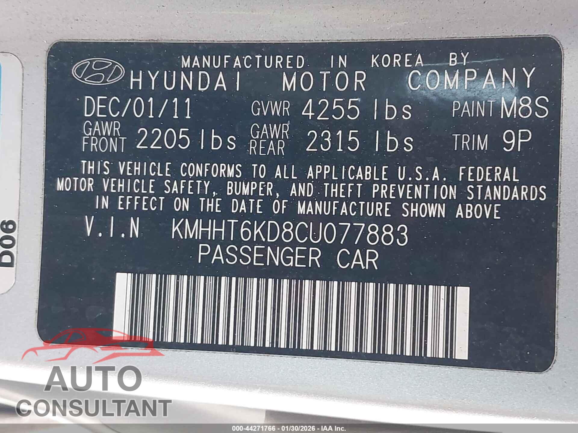 HYUNDAI GENESIS 2012 - KMHHT6KD8CU077883