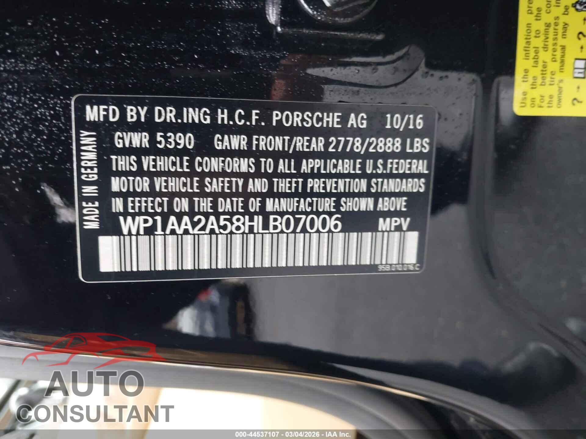 PORSCHE MACAN 2017 - WP1AA2A58HLB07006