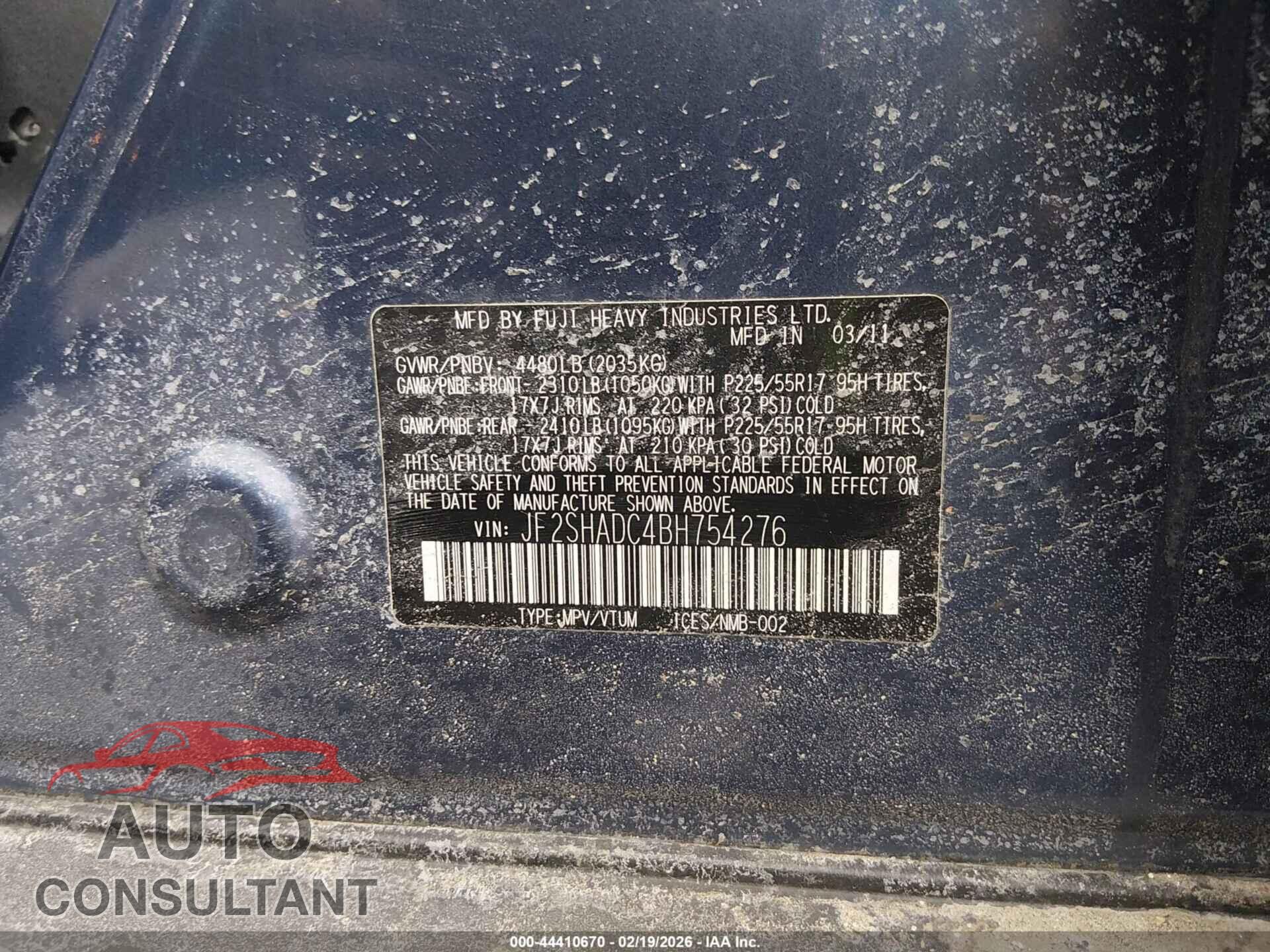 SUBARU FORESTER 2011 - JF2SHADC4BH754276