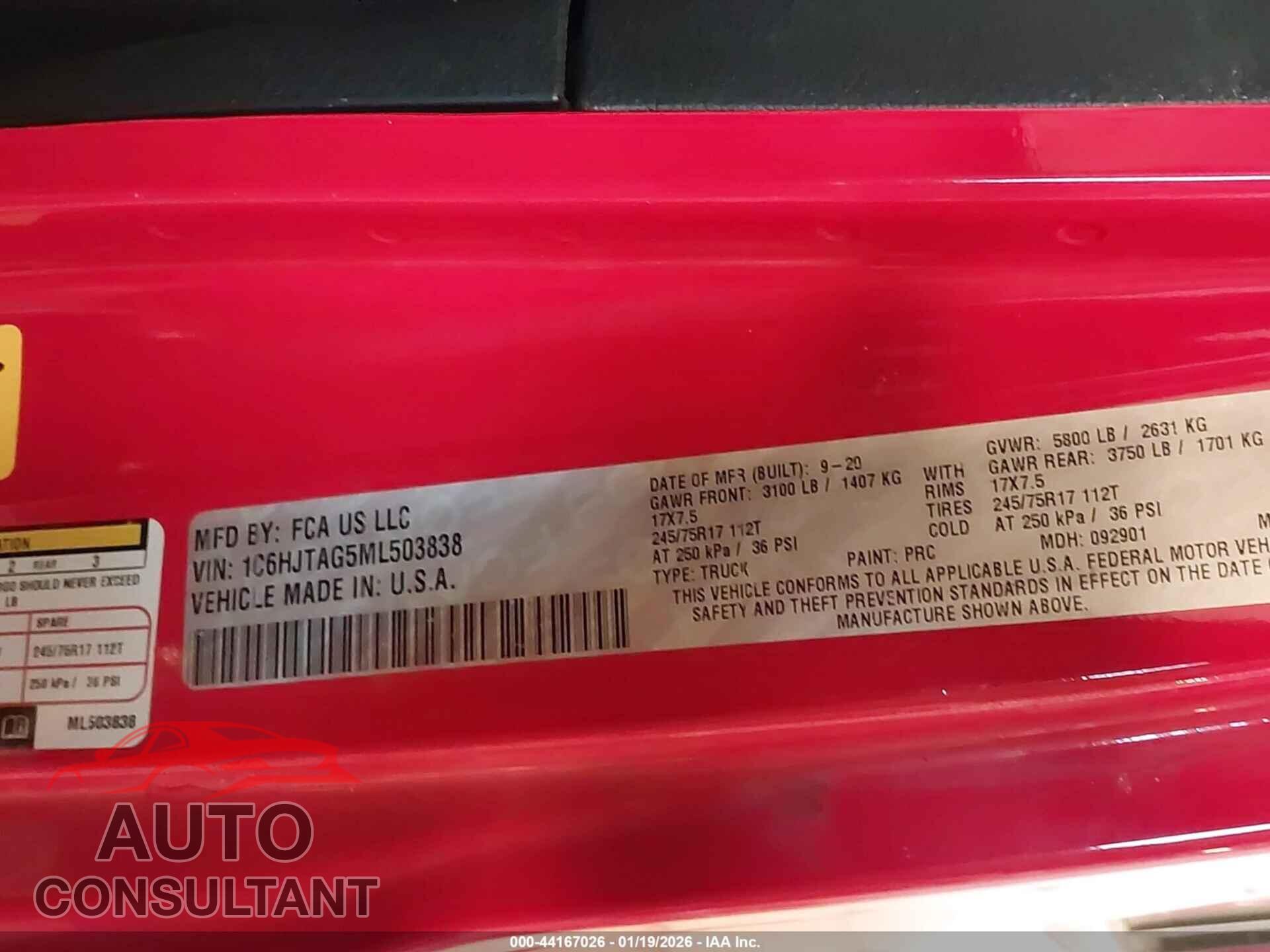 JEEP GLADIATOR 2021 - 1C6HJTAG5ML503838