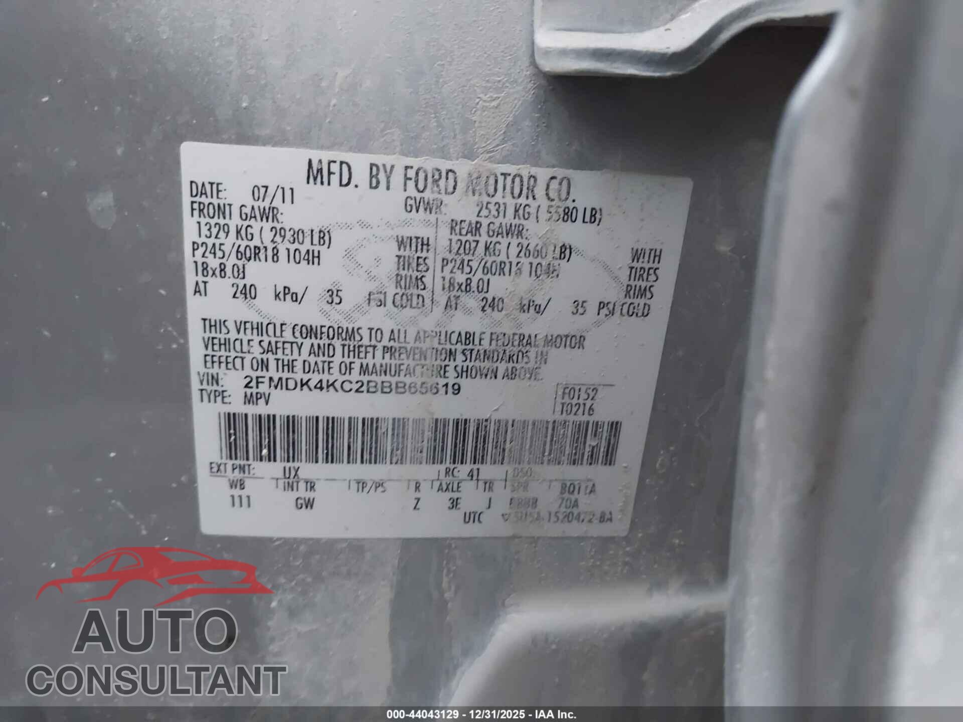 FORD EDGE 2011 - 2FMDK4KC2BBB65619