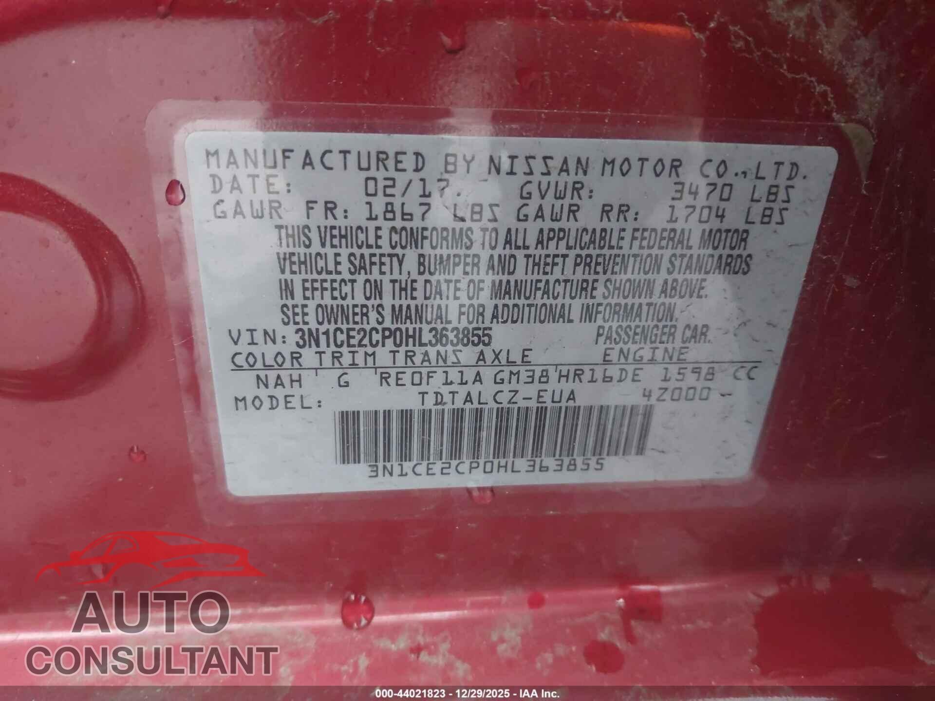 NISSAN VERSA NOTE 2017 - 3N1CE2CP0HL363855