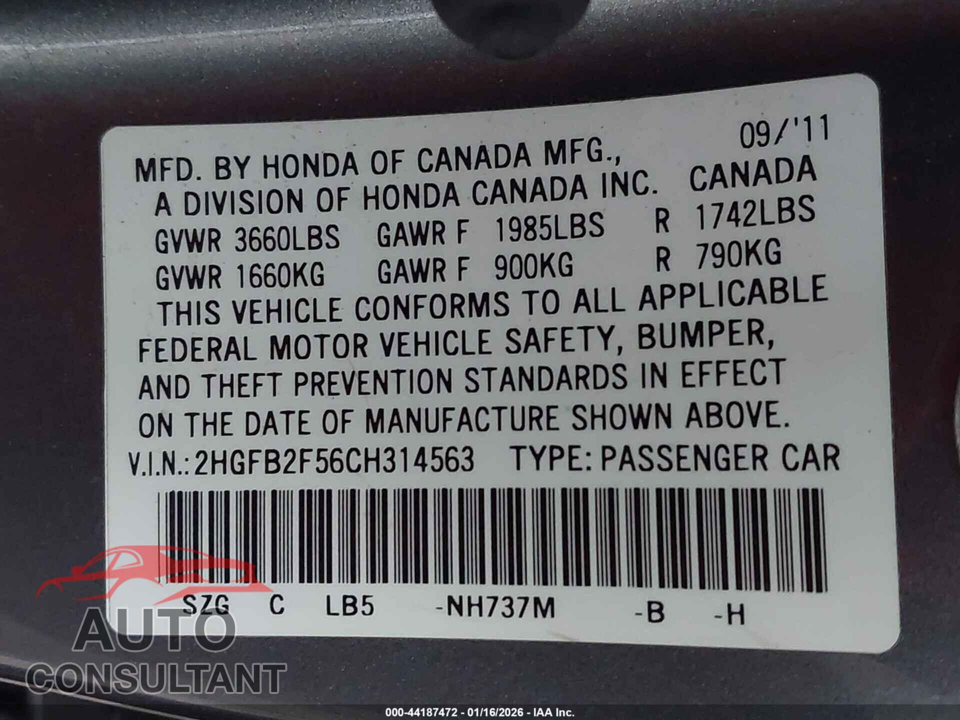 HONDA CIVIC 2012 - 2HGFB2F56CH314563