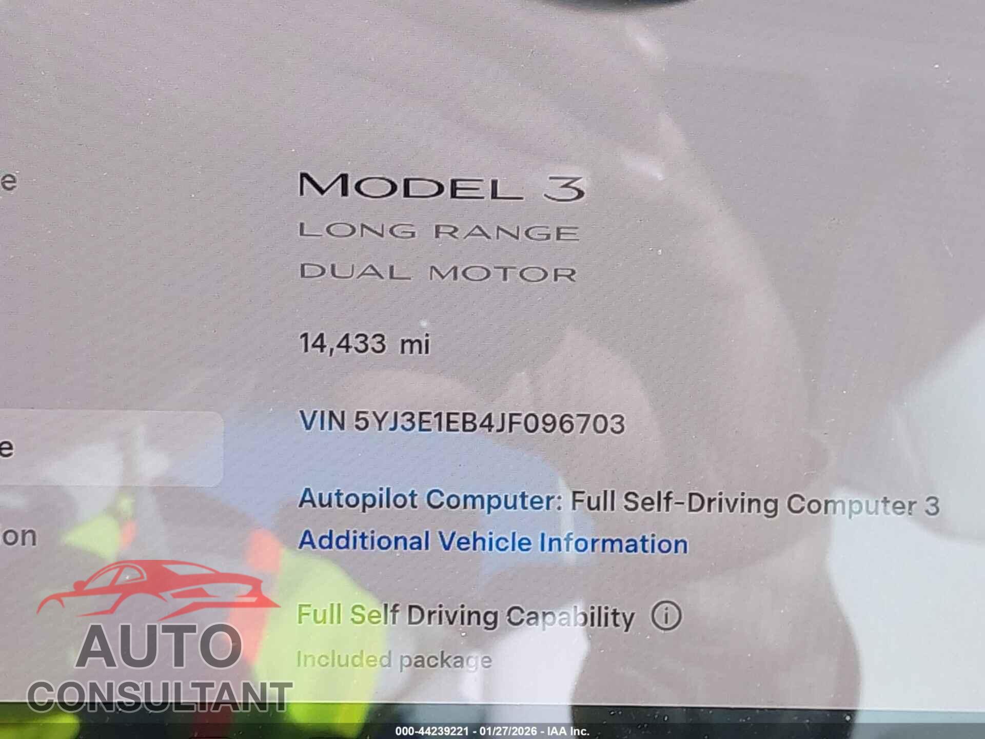 TESLA MODEL 3 2018 - 5YJ3E1EB4JF096703