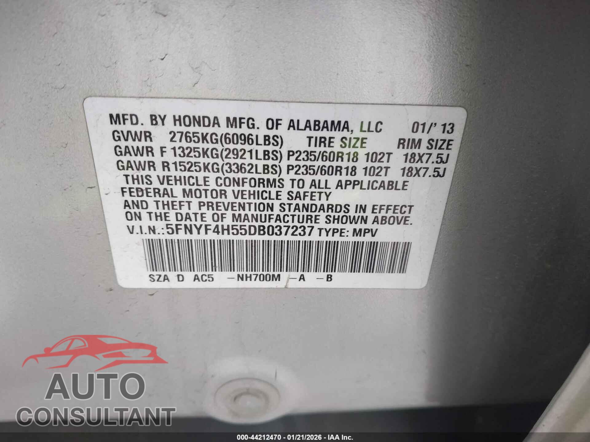 HONDA PILOT 2013 - 5FNYF4H55DB037237