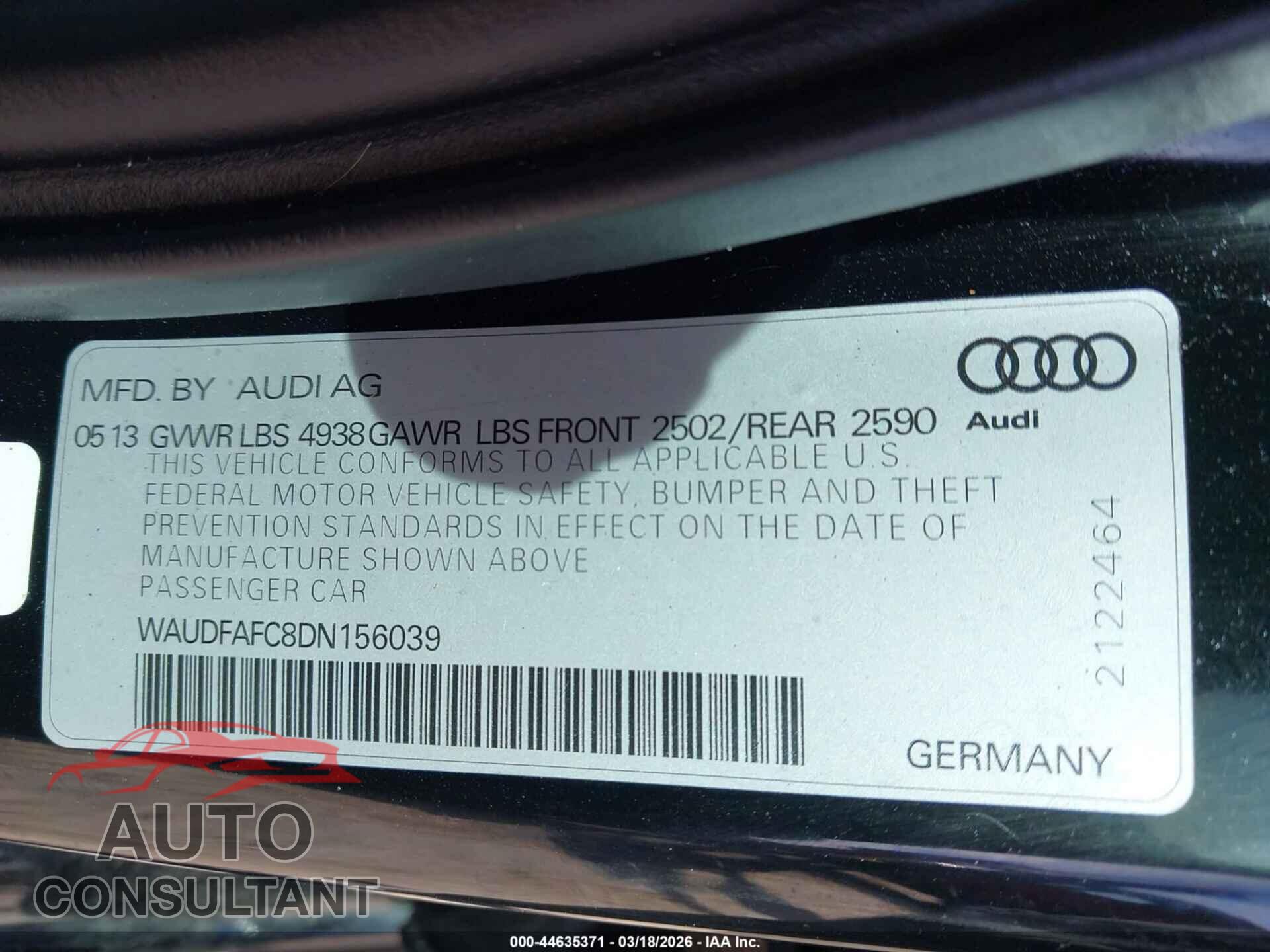AUDI A6 2013 - WAUDFAFC8DN156039