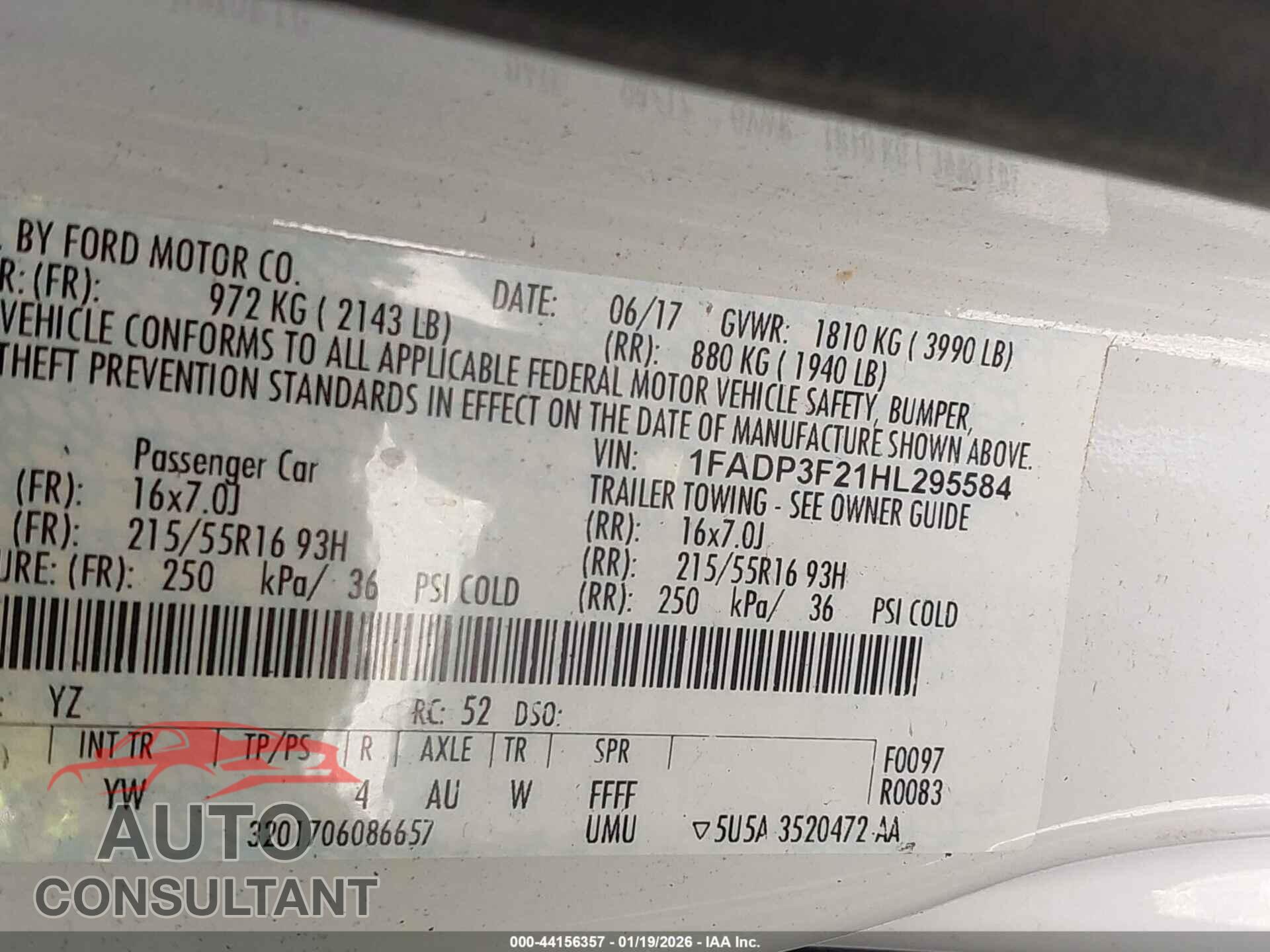 FORD FOCUS 2017 - 1FADP3F21HL295584