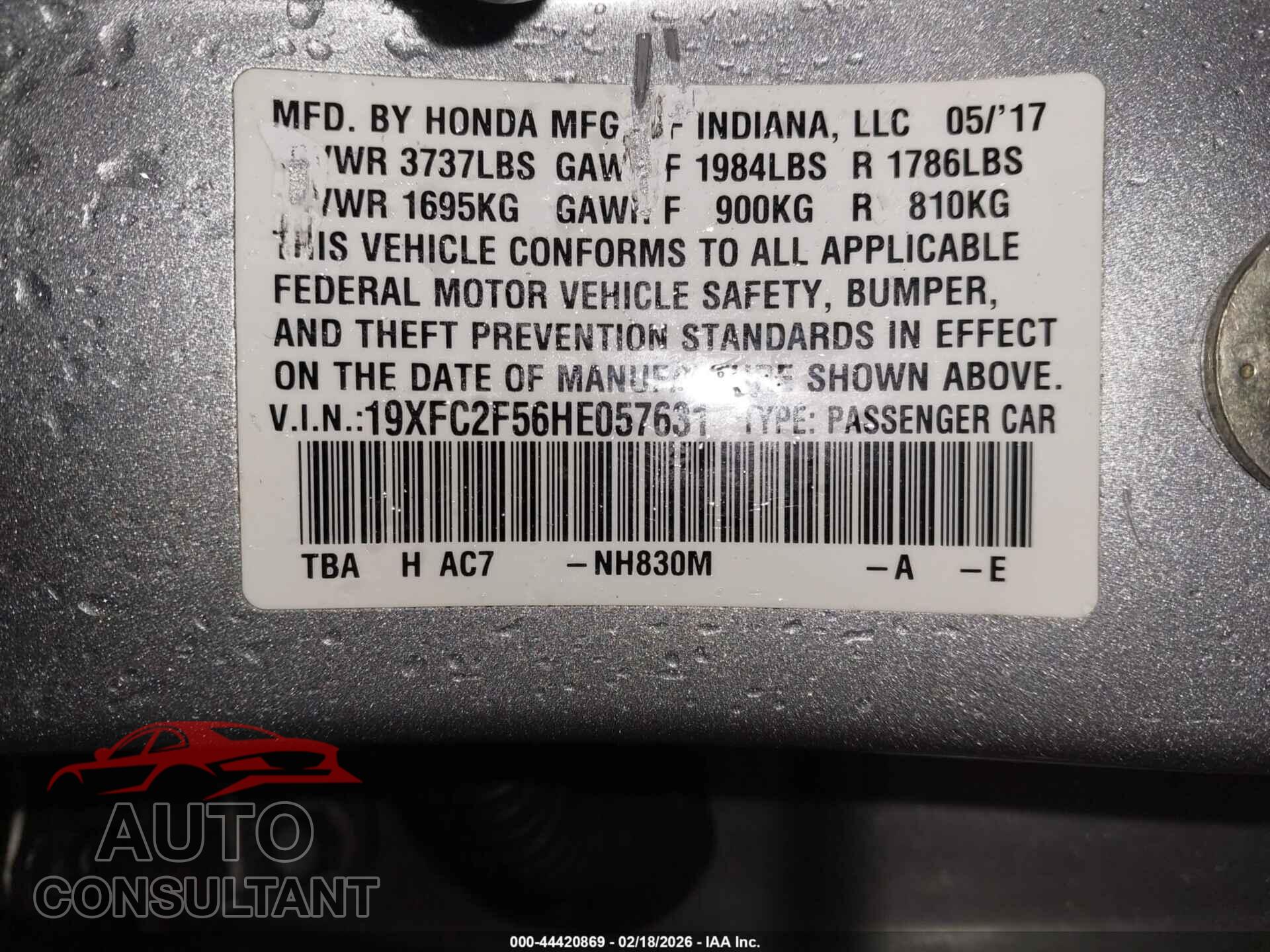 HONDA CIVIC 2017 - 19XFC2F56HE057631
