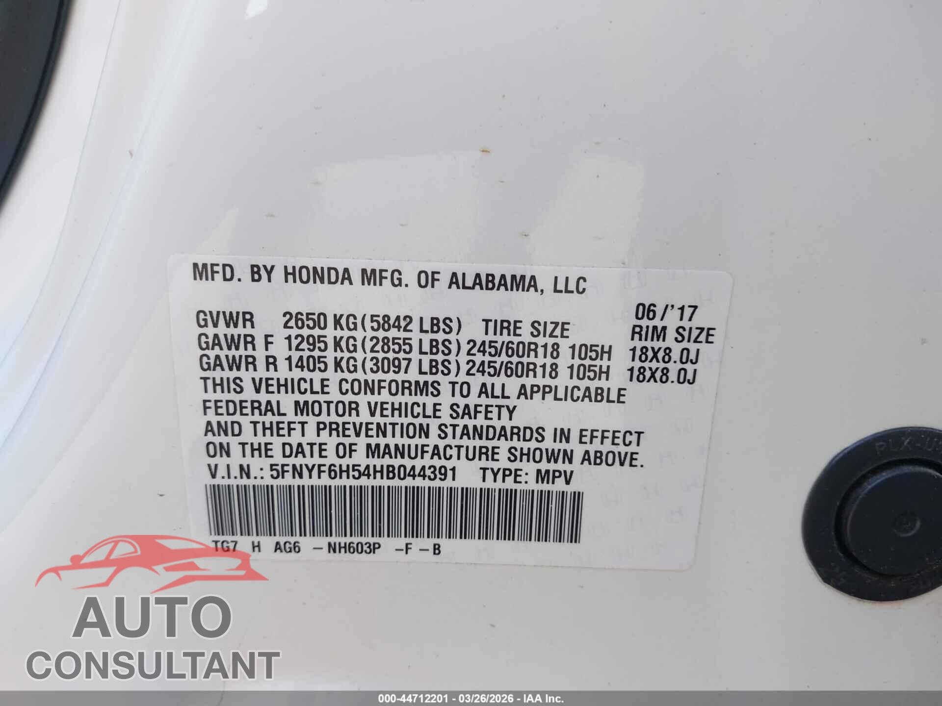 HONDA PILOT 2017 - 5FNYF6H54HB044391