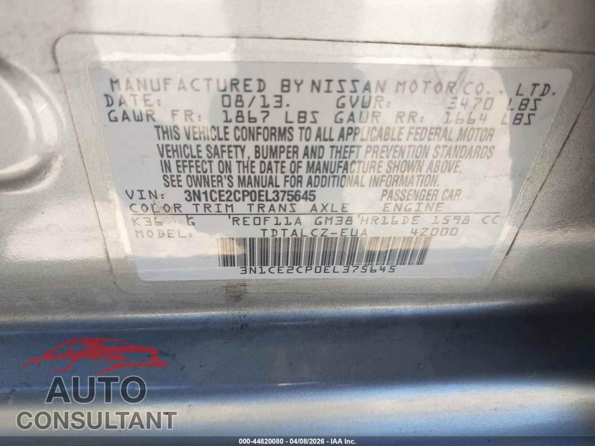 NISSAN VERSA NOTE 2014 - 3N1CE2CP0EL375645