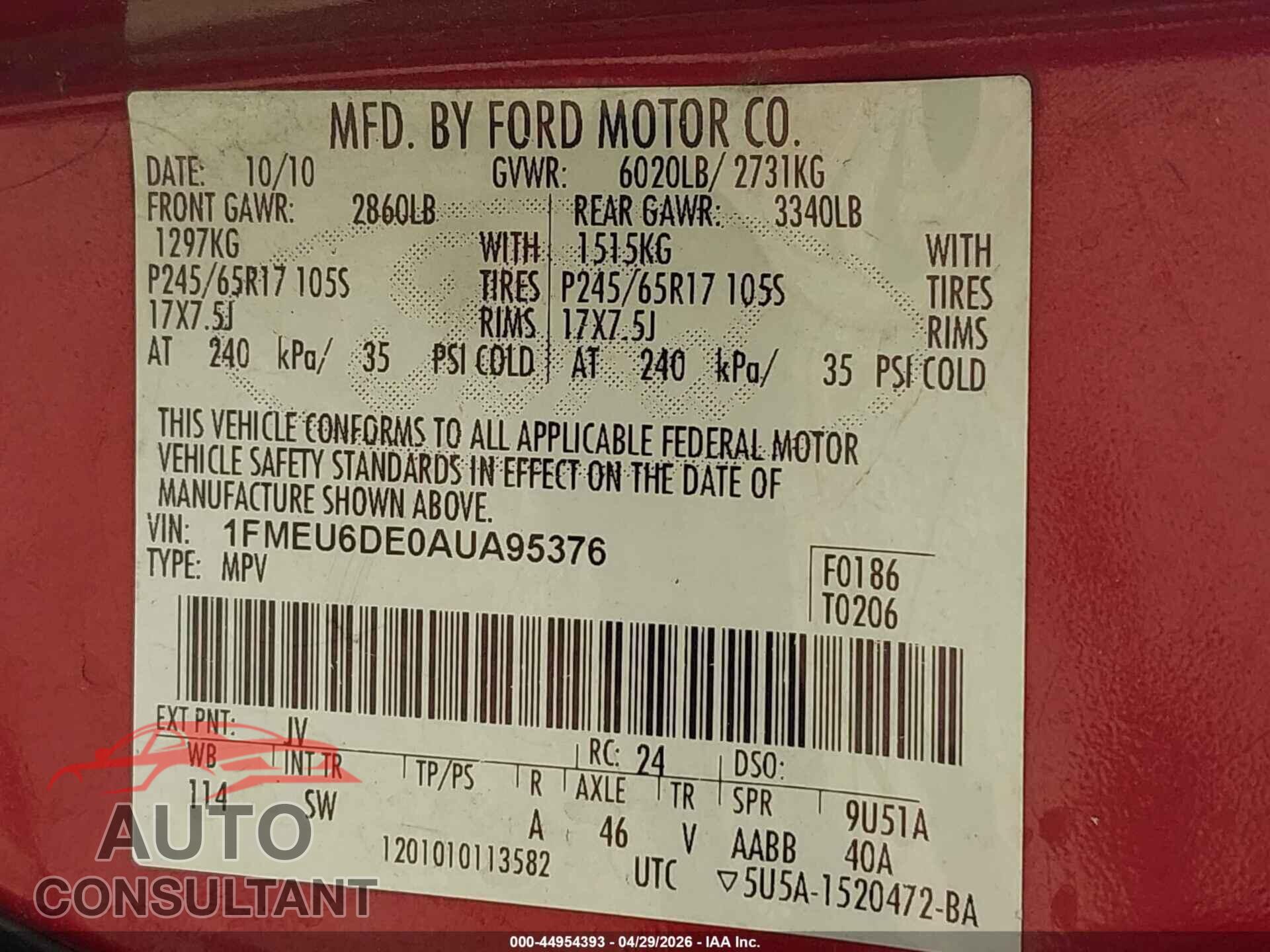 FORD EXPLORER 2010 - 1FMEU6DE0AUA95376