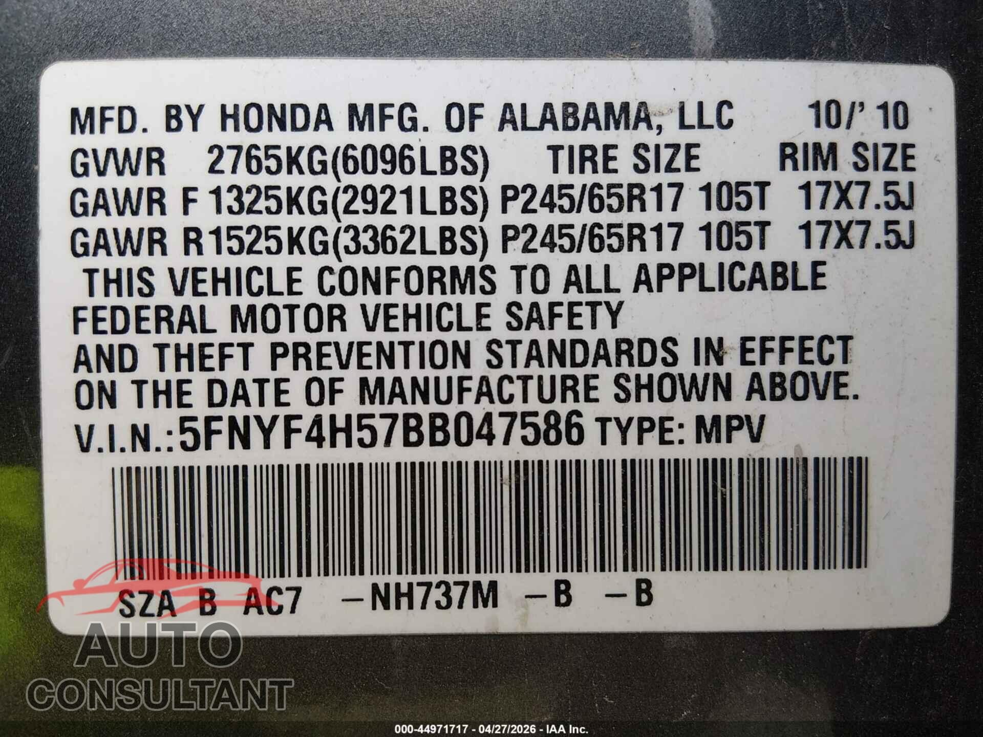 HONDA PILOT 2011 - 5FNYF4H57BB047586