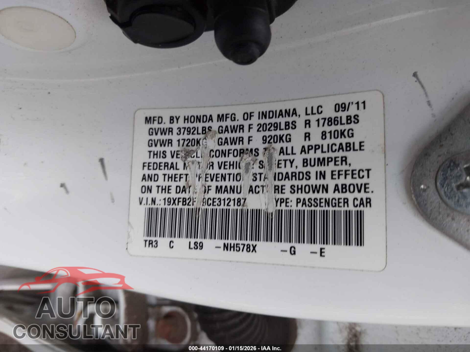 HONDA CIVIC 2012 - 19XFB2F99CE312187