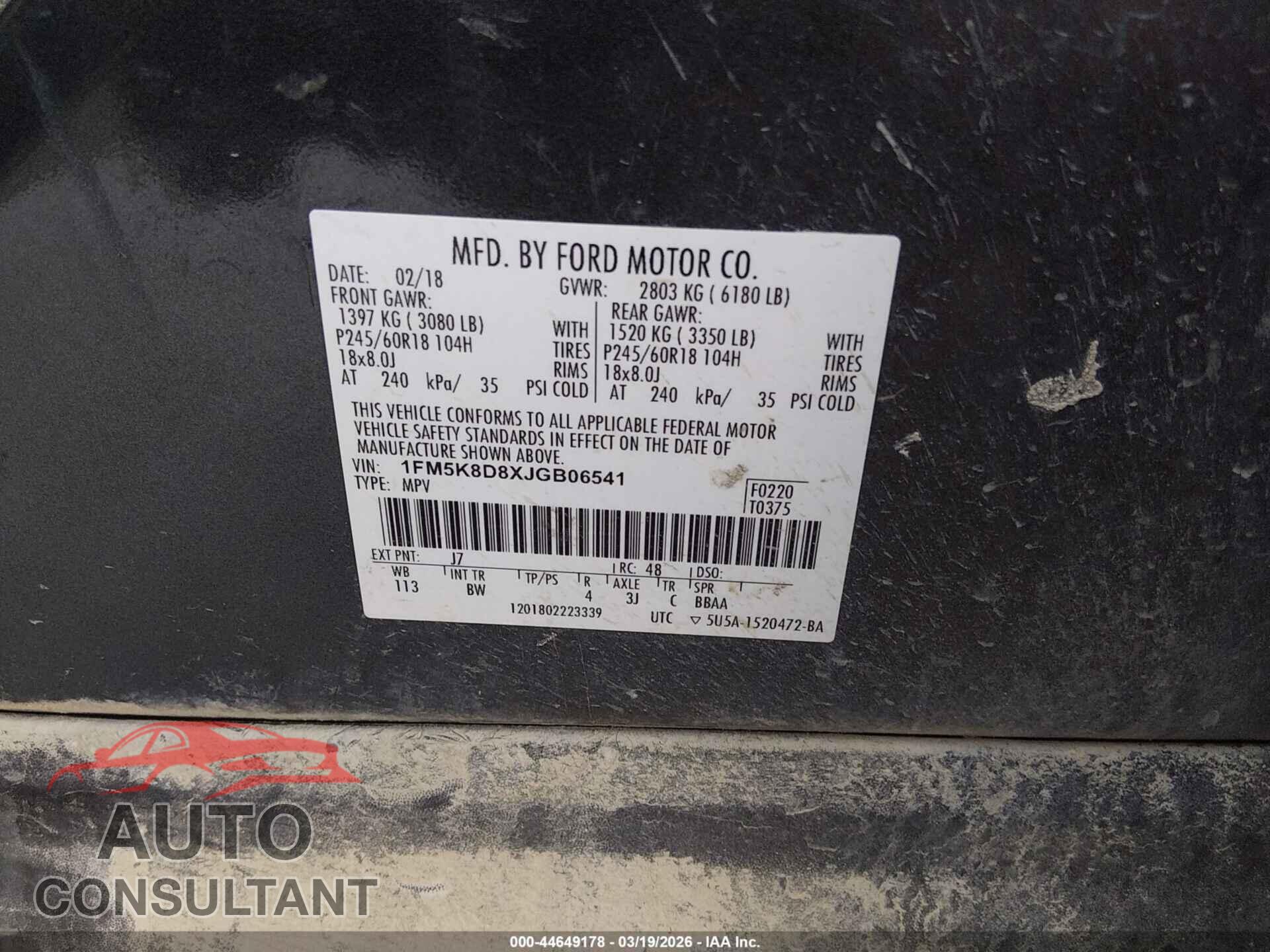 FORD EXPLORER 2018 - 1FM5K8D8XJGB06541