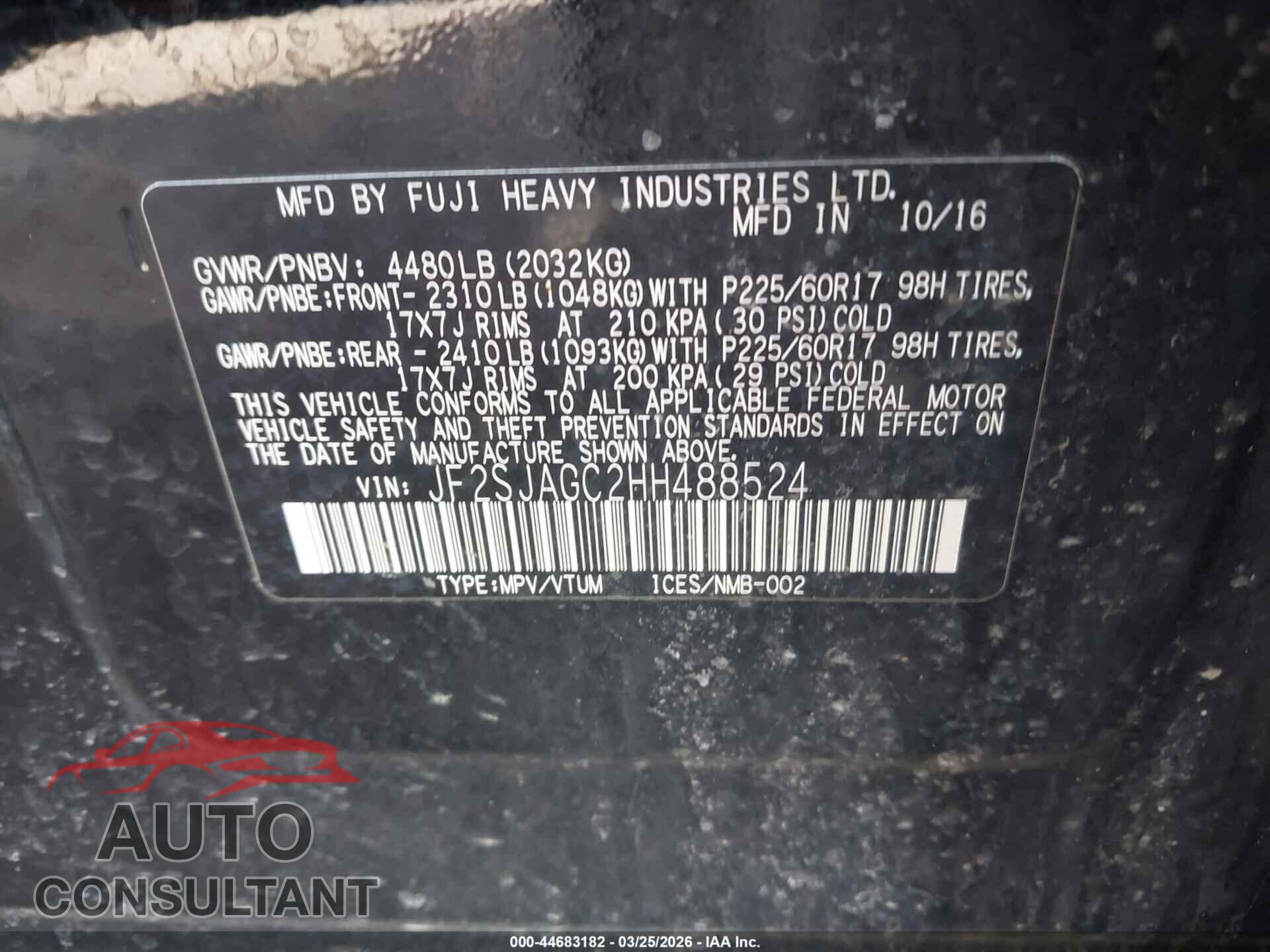 SUBARU FORESTER 2017 - JF2SJAGC2HH488524