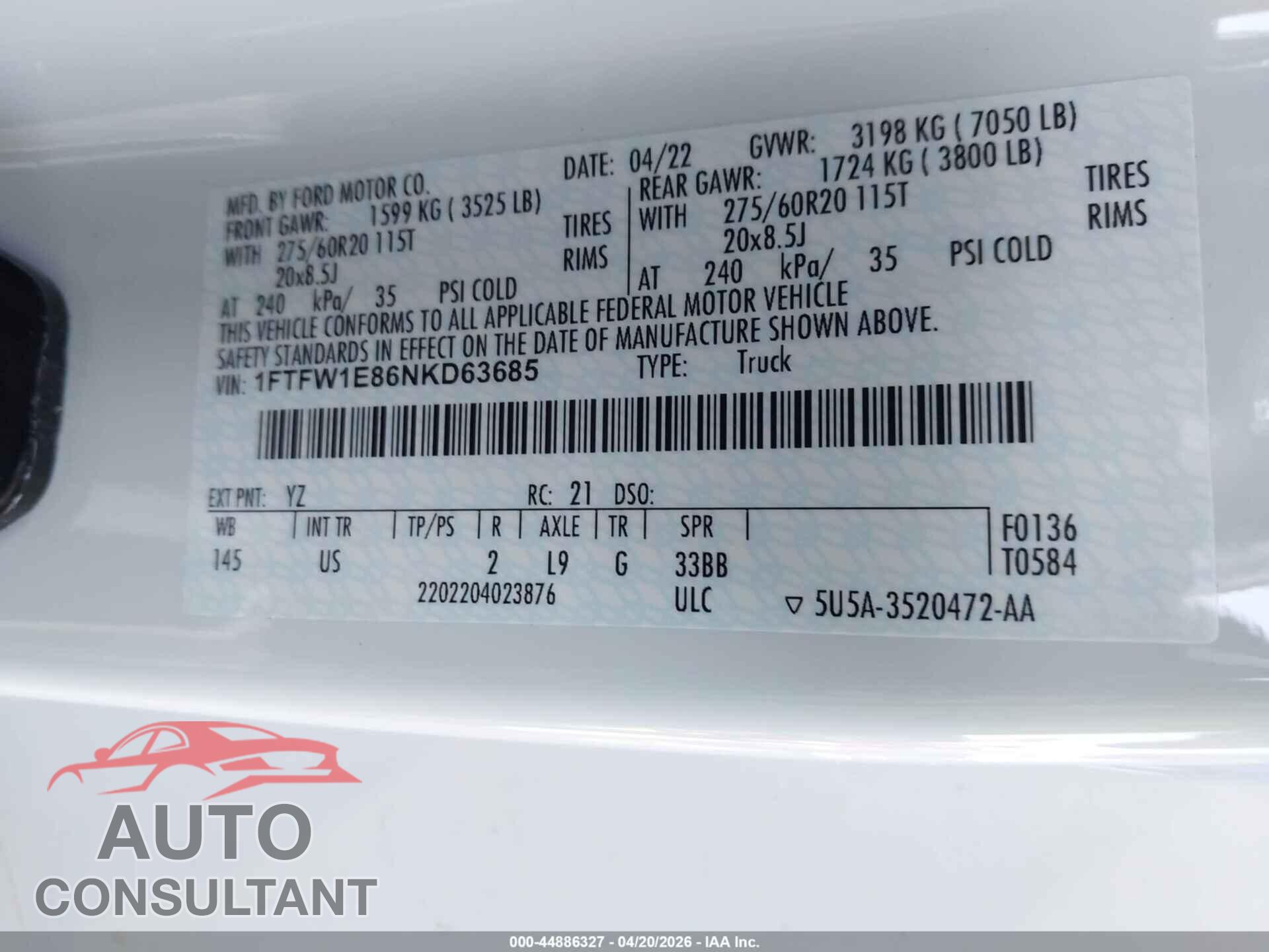 FORD F-150 2022 - 1FTFW1E86NKD63685