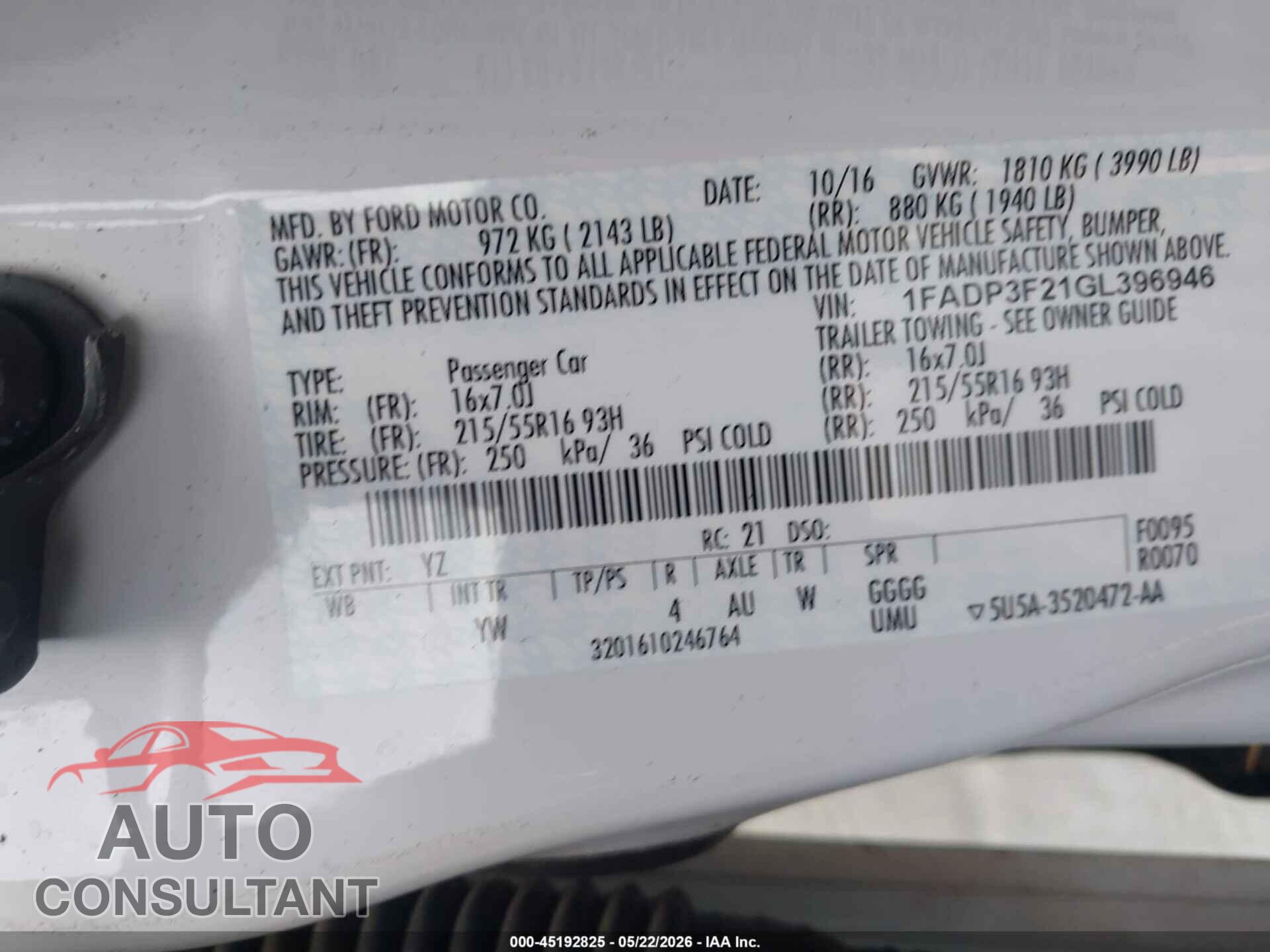 FORD FOCUS 2016 - 1FADP3F21GL396946