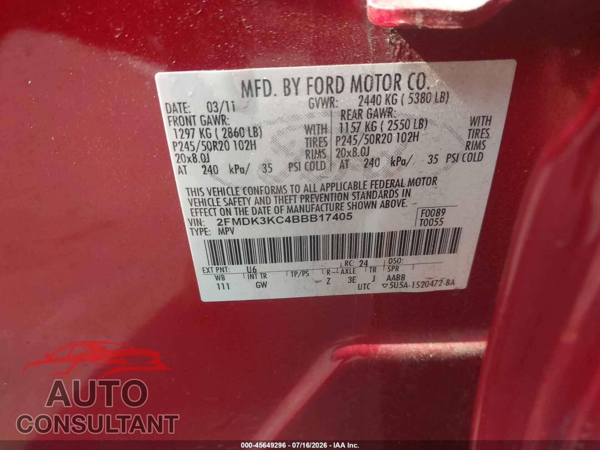 FORD EDGE 2011 - 2FMDK3KC4BBB17405