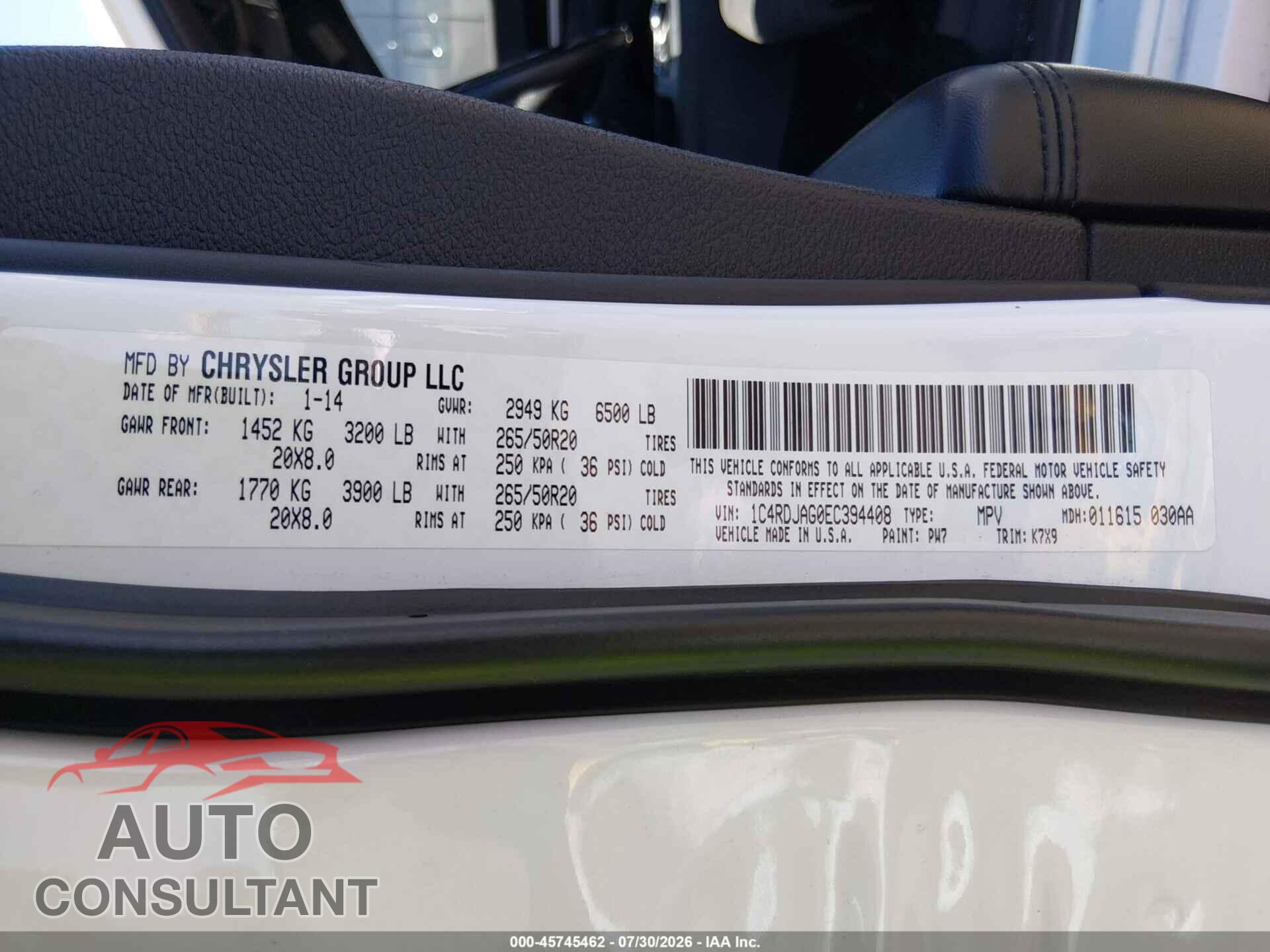 DODGE DURANGO 2014 - 1C4RDJAG0EC394408