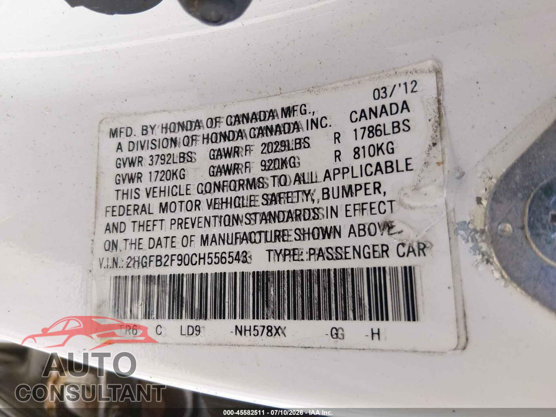 HONDA CIVIC 2012 - 2HGFB2F90CH556543