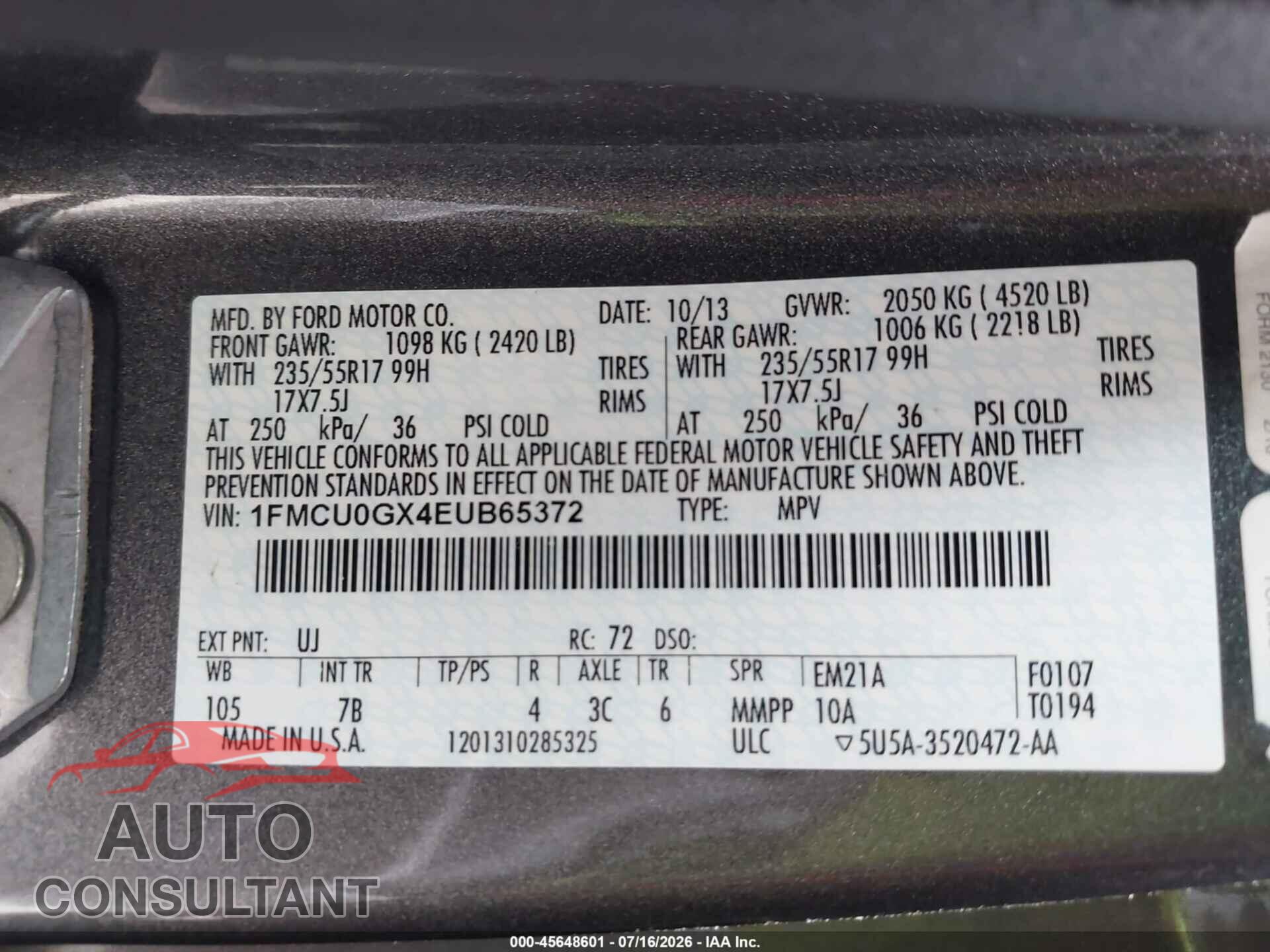 FORD ESCAPE 2014 - 1FMCU0GX4EUB65372