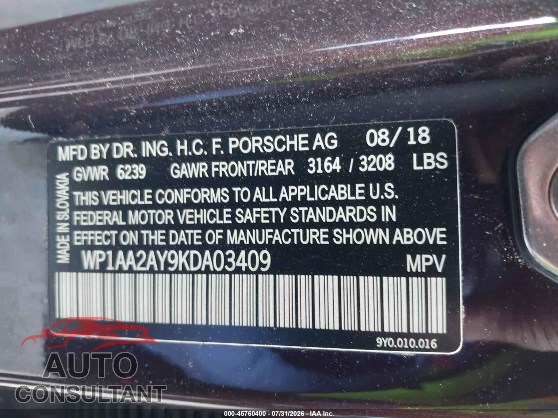 PORSCHE CAYENNE 2019 - WP1AA2AY9KDA03409