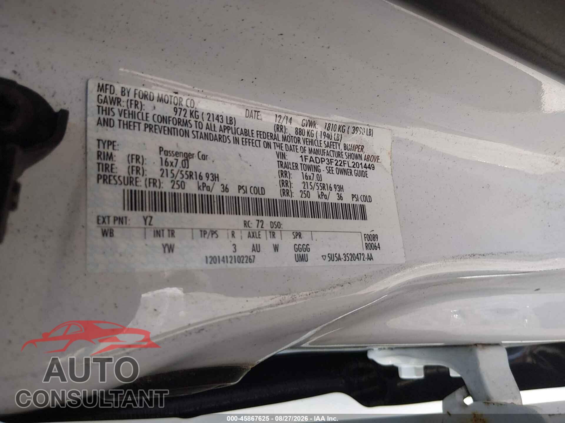 FORD FOCUS 2015 - 1FADP3F22FL201449