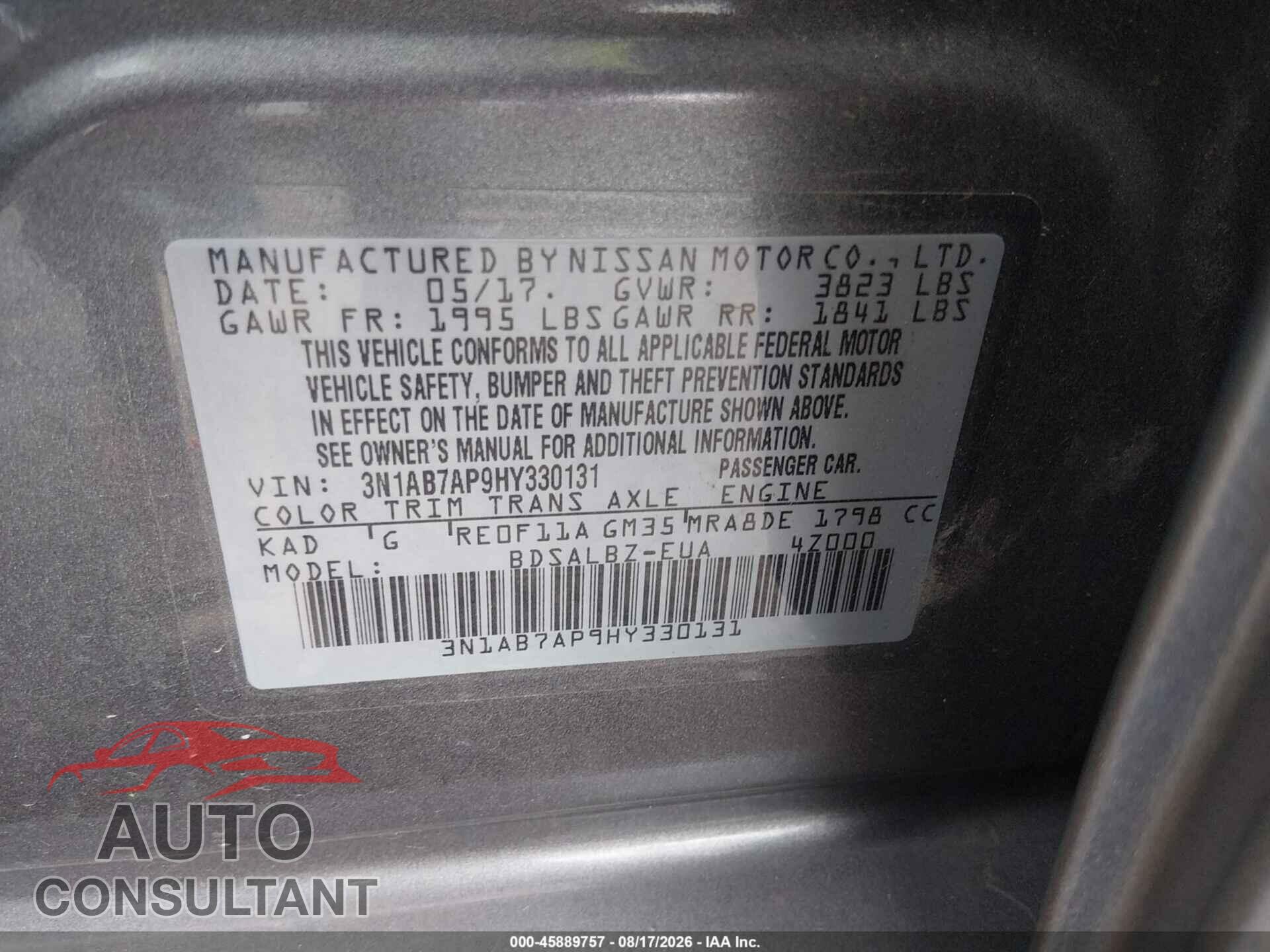 NISSAN SENTRA 2017 - 3N1AB7AP9HY330131