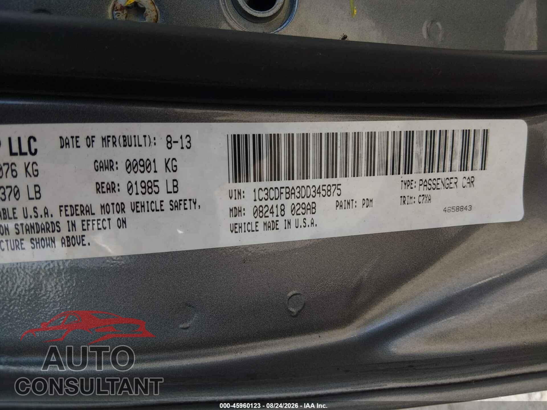 DODGE DART 2013 - 1C3CDFBA3DD345875