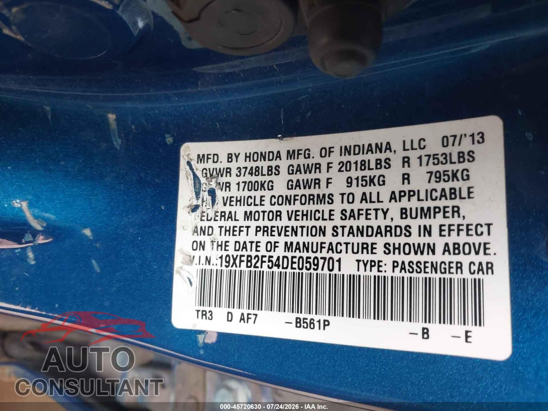 HONDA CIVIC 2013 - 19XFB2F54DE059701