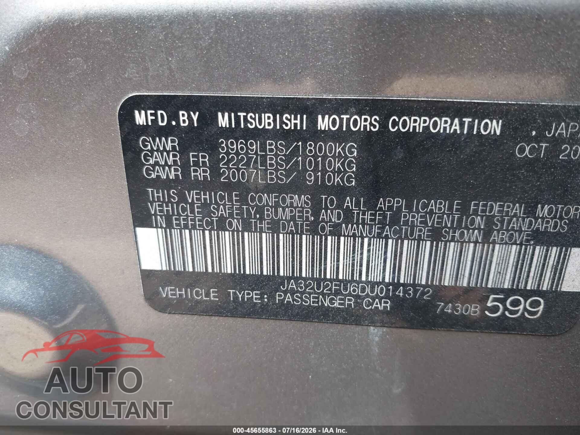 MITSUBISHI LANCER 2013 - JA32U2FU6DU014372