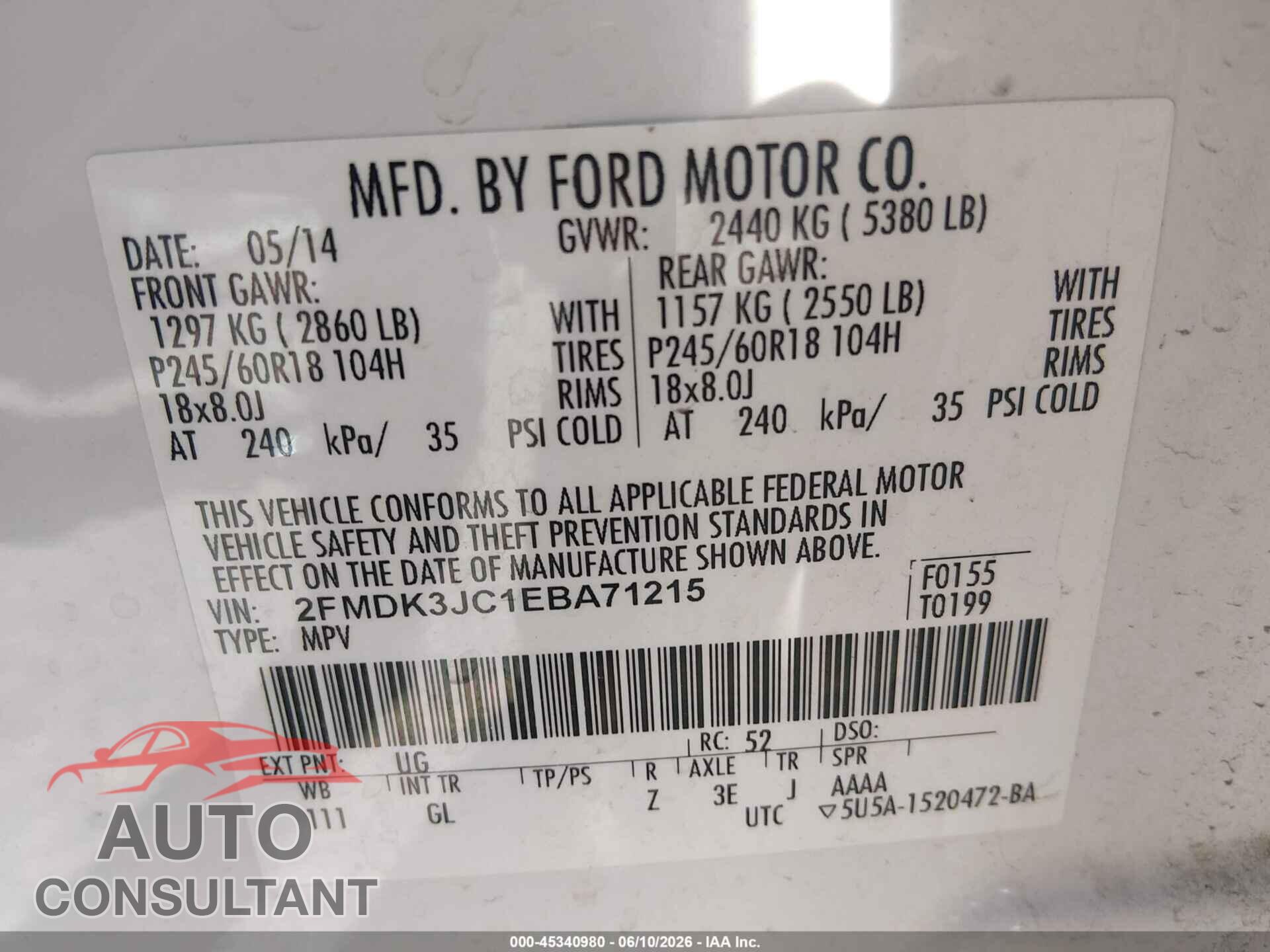 FORD EDGE 2014 - 2FMDK3JC1EBA71215