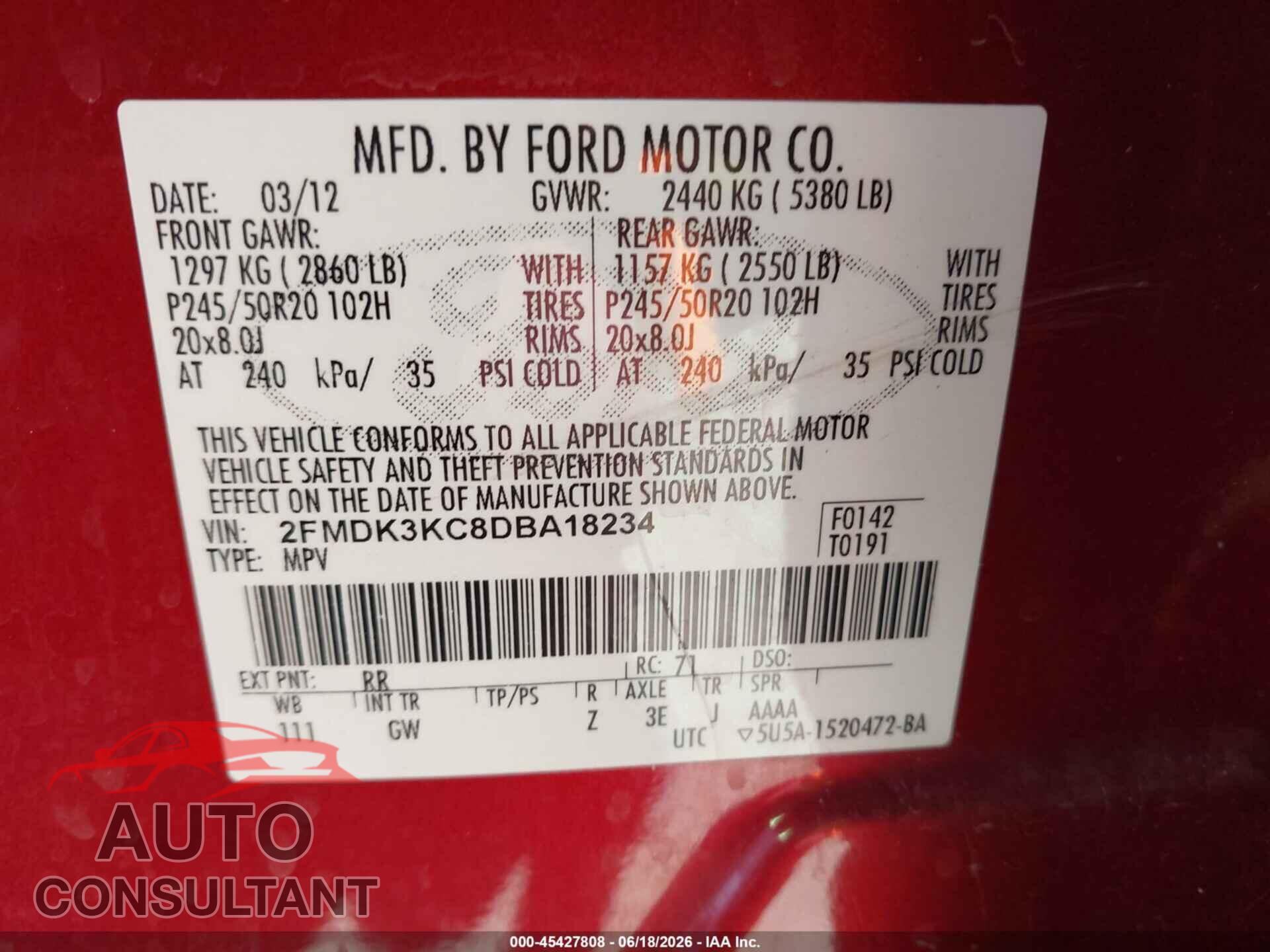 FORD EDGE 2013 - 2FMDK3KC8DBA18234