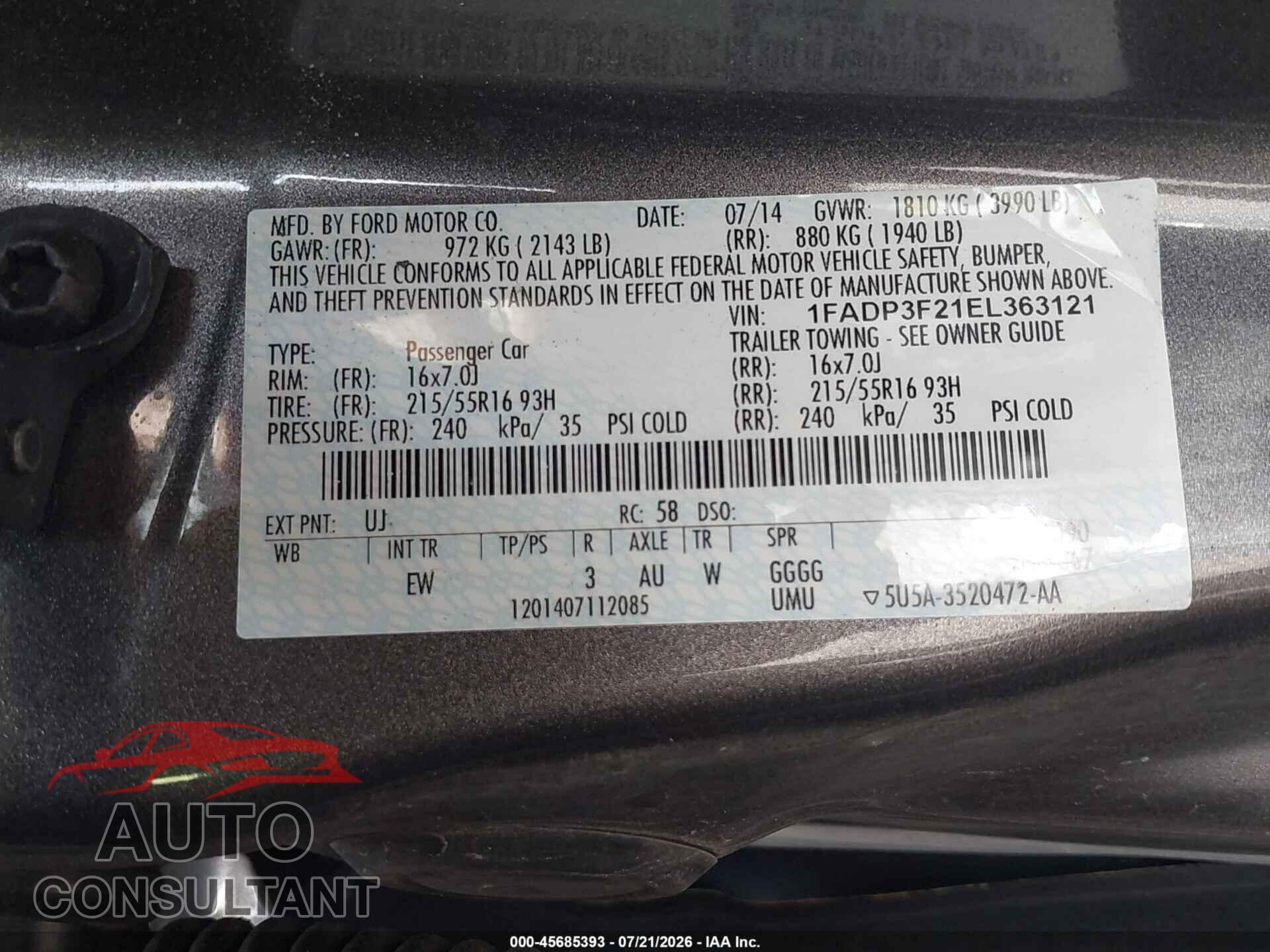 FORD FOCUS 2014 - 1FADP3F21EL363121