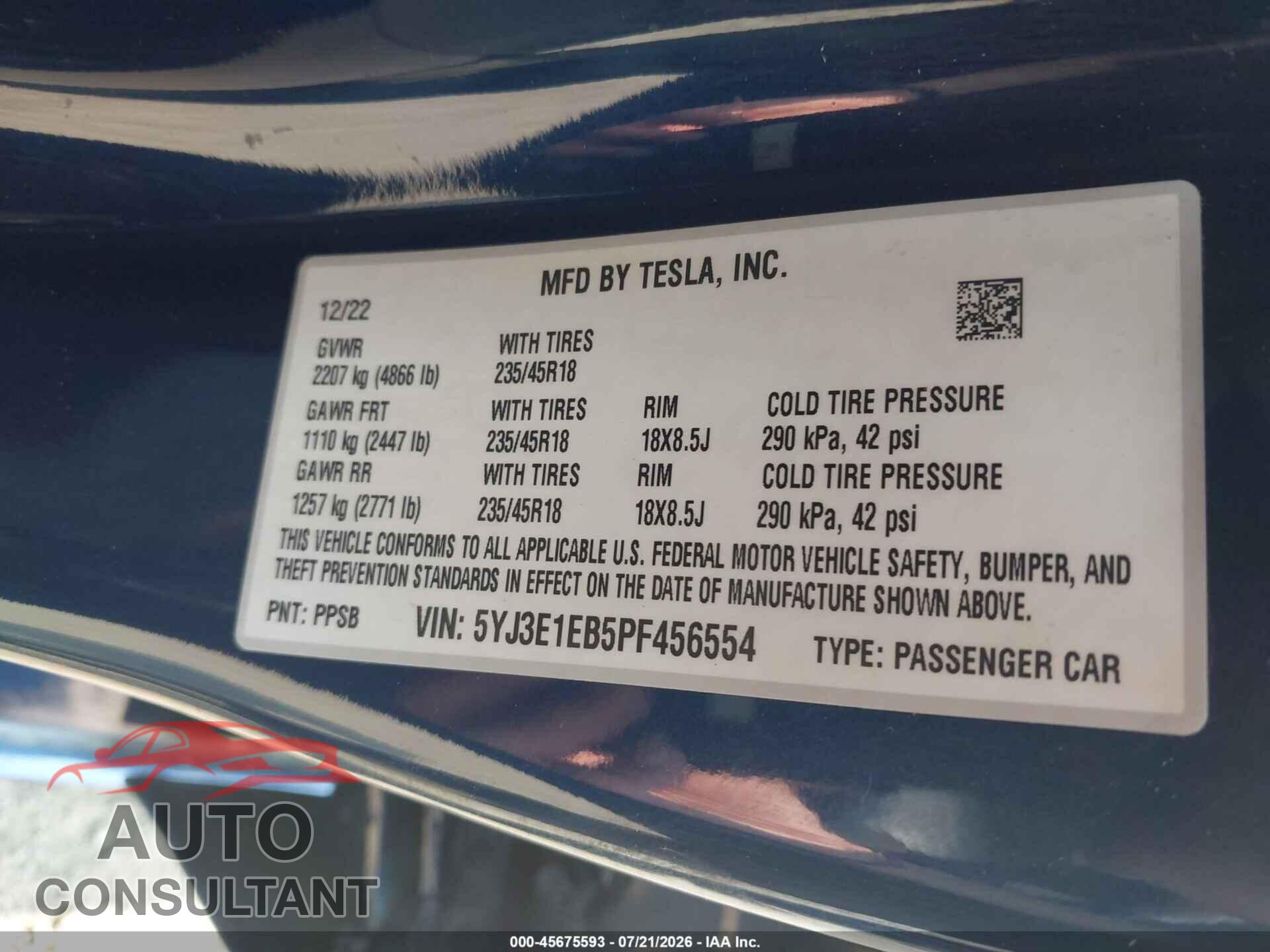 TESLA MODEL 3 2023 - 5YJ3E1EB5PF456554