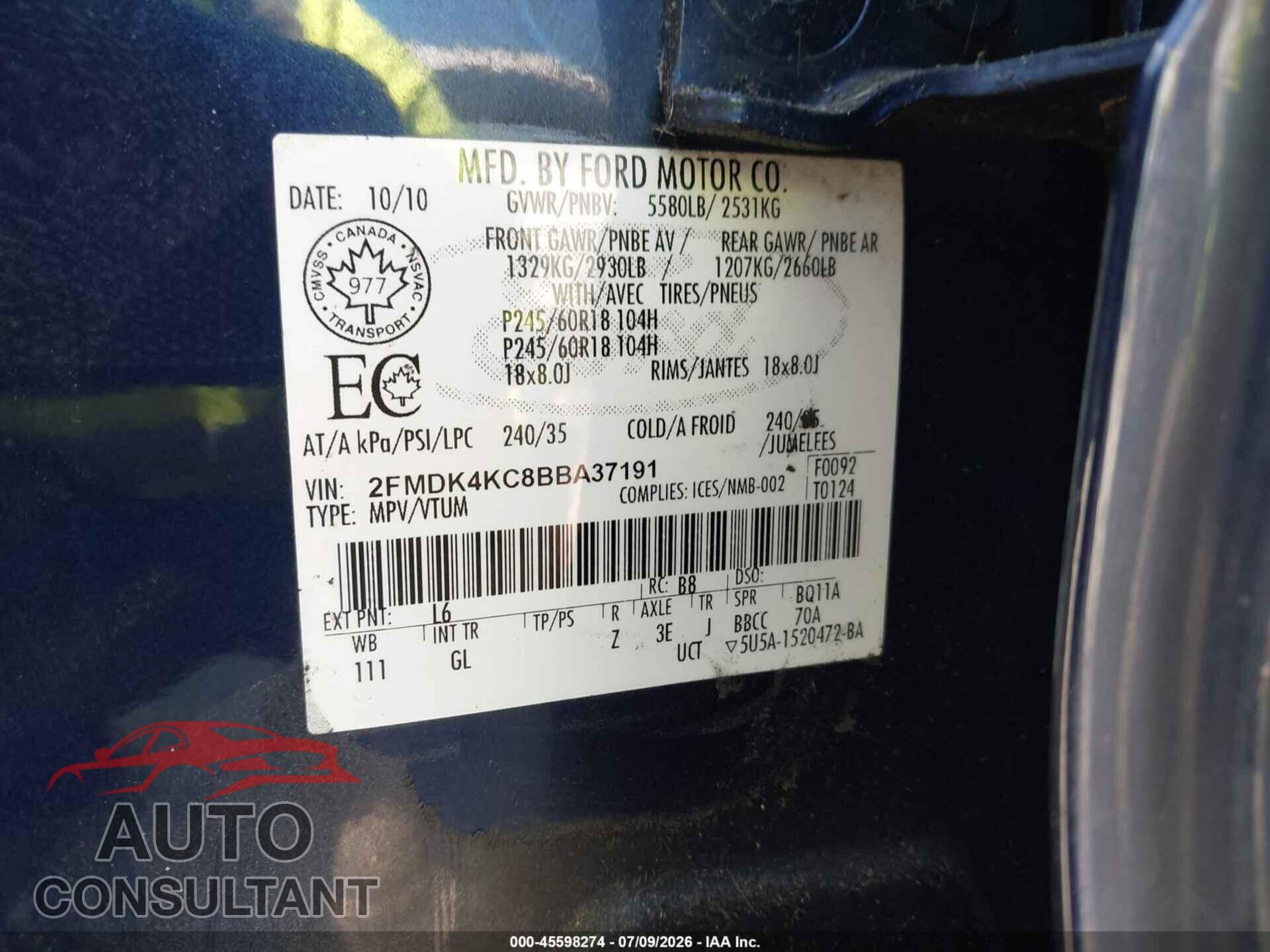 FORD EDGE 2011 - 2FMDK4KC8BBA37191