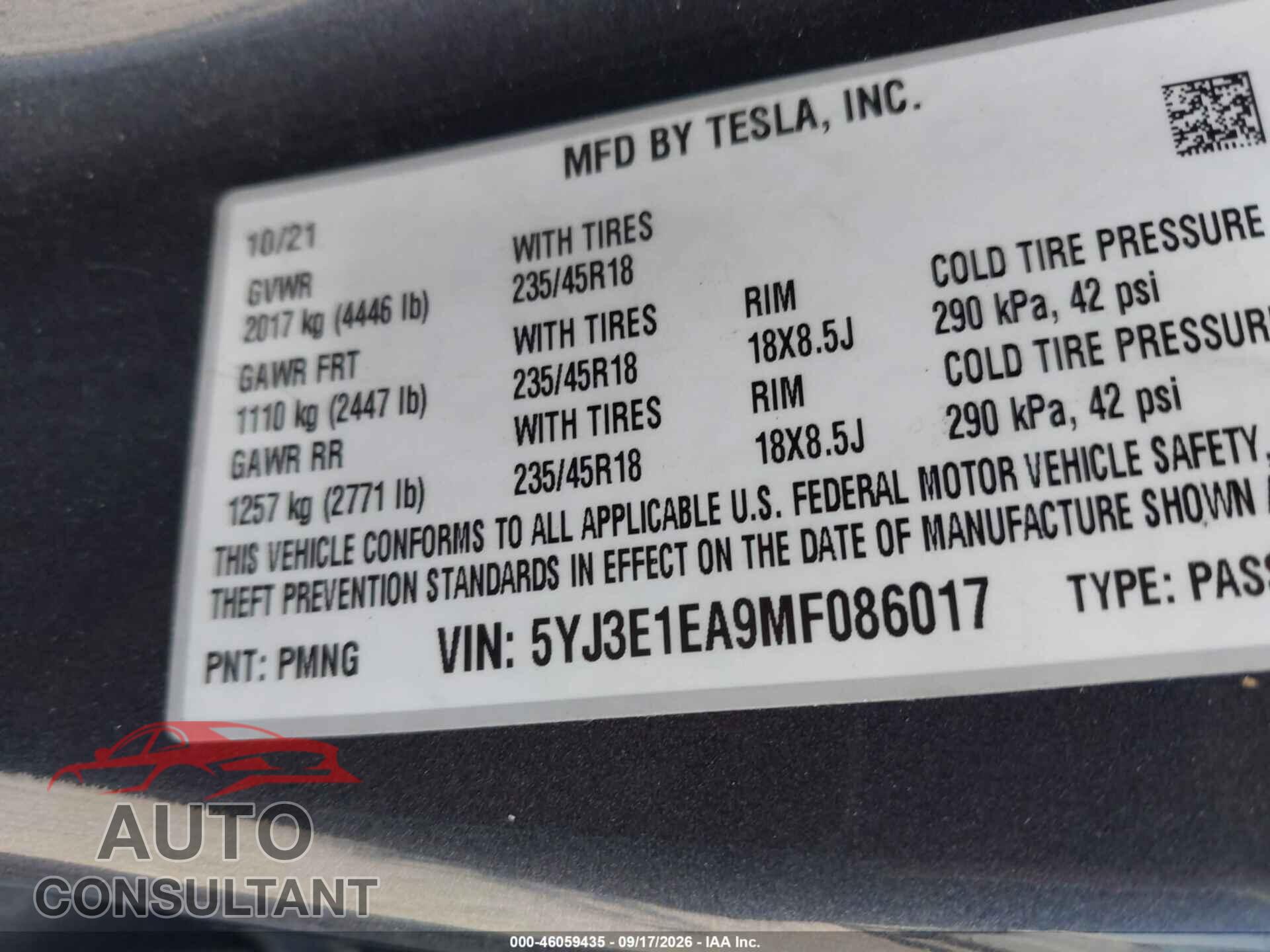 TESLA MODEL 3 2021 - 5YJ3E1EA9MF086017