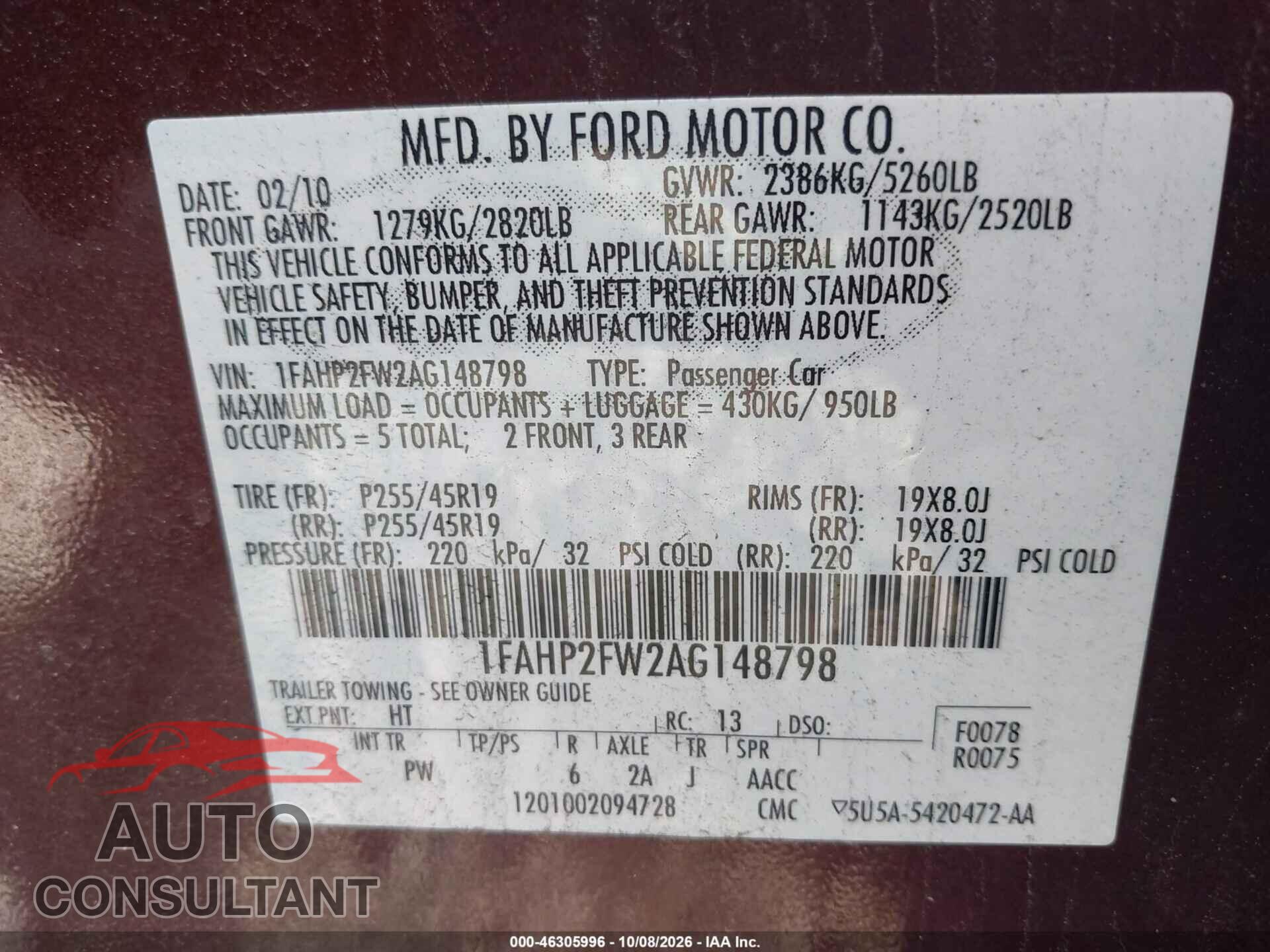 FORD TAURUS 2010 - 1FAHP2FW2AG148798