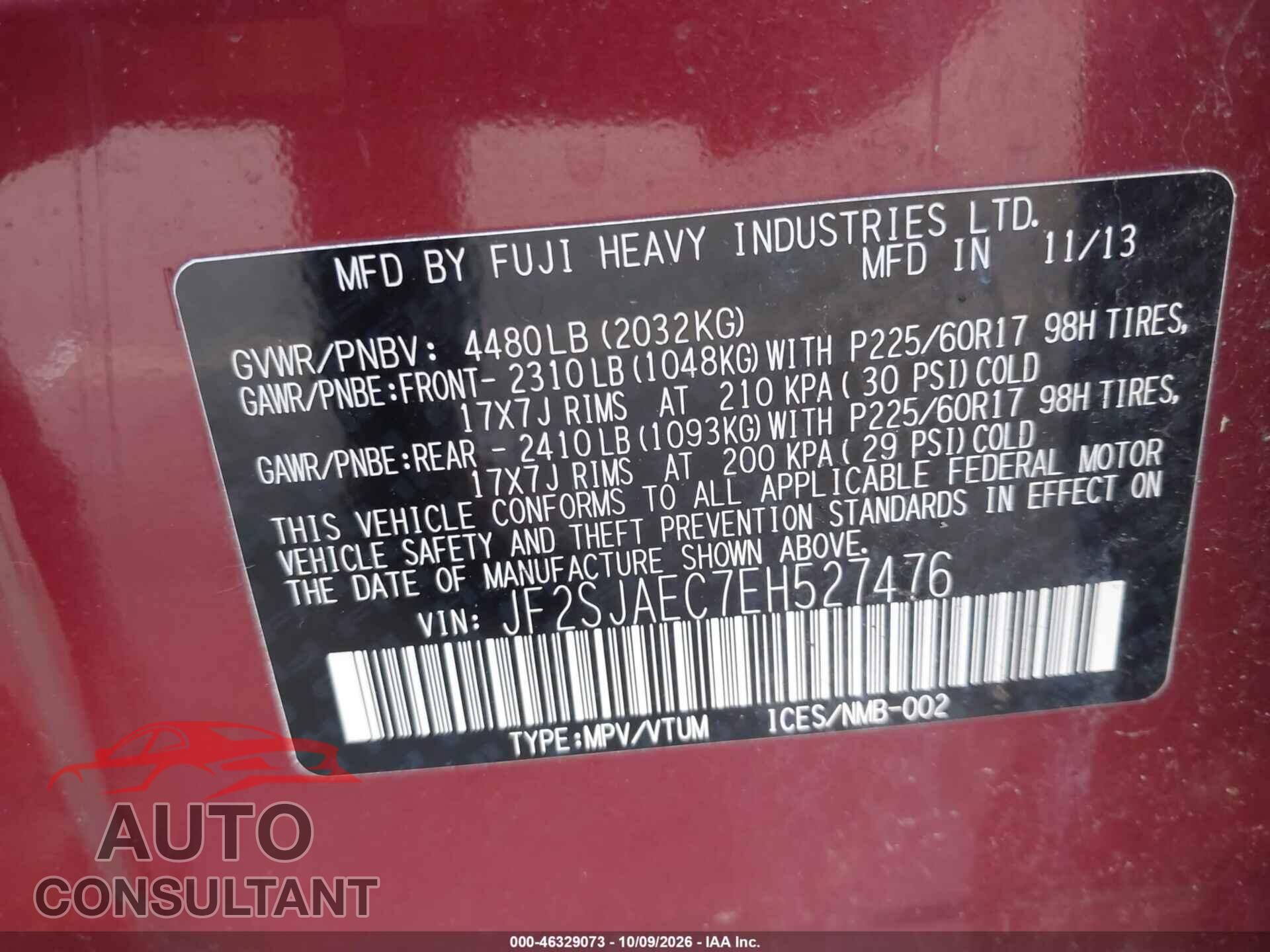 SUBARU FORESTER 2014 - JF2SJAEC7EH527476